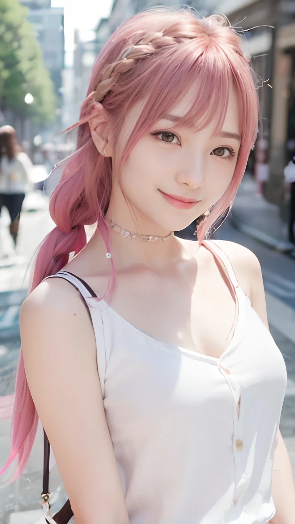 (8K、top-quality、​masterpiece:1.2)、(reallistic、Photorealsitic:1.37)、The ultra-detailliert、女の子1人、18year old、Medium chest、Beautie、Beautiful and perfect face、cowboy  shot、Natural smile、独奏、holiday、Bustling street、shopping、Fashionable clothes、Redness of the nose)、(A smile:1.5)、(With mouth closed) 、beautidful eyes、(long:1.2)、Floating hair 、Middle hair、Pink Hair Medium Hair, (Pink hair), Ear Hair, small tits, Single braid, (Single braid), (Side braid),Checked shirt