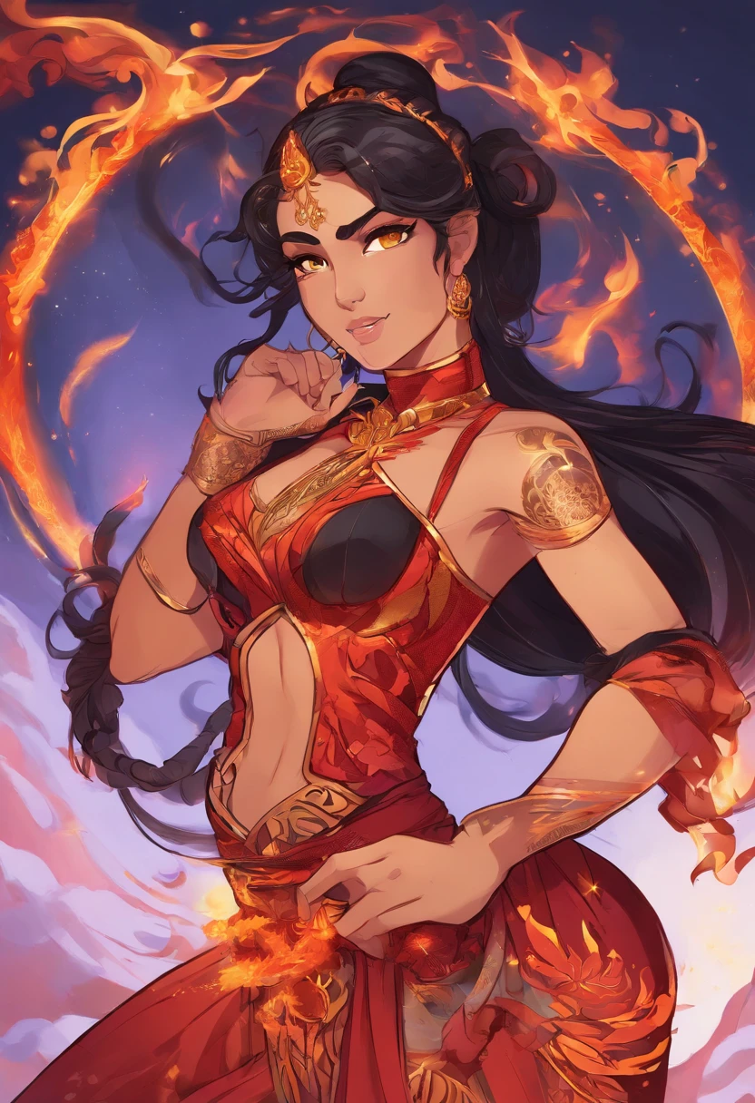 Nawra, tall dark-skinned Arab girl with black hair ponytail, yellow eyes, and a red crop top and black trousers, tall, athletic, strong, fit, muscular, fire!! full body, appears as the fire goddess, fire goddess, nico robin, hot fire goddess, she has fire powers, black - haired mage, ahri, her hair is on fire, style artgerm, full body portrait of a short!, the butterfly goddess of fire, genie girl, djinni girl, superpowered girl, fire elemental, martial artist