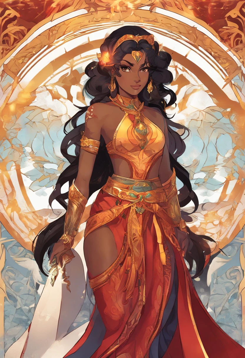 Nawra, tall dark-skinned Arab girl with black hair ponytail, yellow eyes, and a red crop top and black trousers, tall, athletic, strong, fit, muscular, fire!! full body, appears as the fire goddess, fire goddess, nico robin, hot fire goddess, she has fire powers, black - haired mage, ahri, her hair is on fire, style artgerm, full body portrait of a short!, the butterfly goddess of fire, genie girl, djinni girl, superpowered girl, fire elemental, martial artist