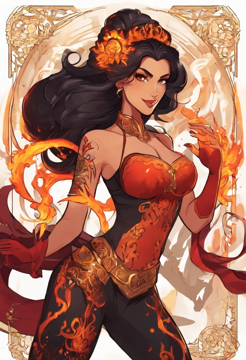 Nawra, tall dark-skinned Arab girl with black hair ponytail, yellow eyes, and a red crop top and black trousers, tall, athletic, strong, fit, muscular, fire!! full body, appears as the fire goddess, fire goddess, nico robin, hot fire goddess, she has fire powers, black - haired mage, ahri, her hair is on fire, style artgerm, full body portrait of a short!, the butterfly goddess of fire, genie girl, djinni girl, superpowered girl, fire elemental, martial artist