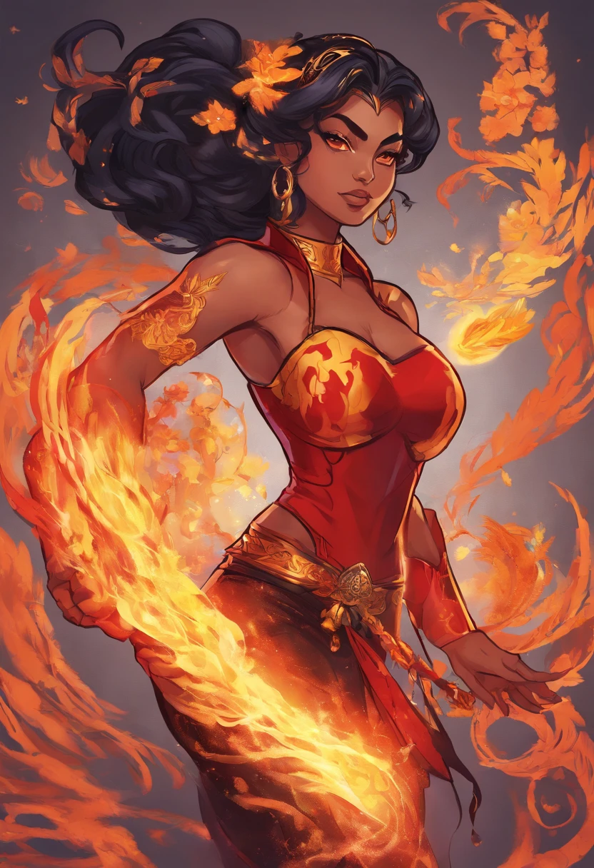 Nawra, tall dark-skinned Arab girl with black hair ponytail, yellow eyes, and a red crop top and black trousers, tall, athletic, strong, fit, muscular, fire!! full body, appears as the fire goddess, fire goddess, nico robin, hot fire goddess, she has fire powers, black - haired mage, ahri, her hair is on fire, style artgerm, full body portrait of a short!, the butterfly goddess of fire, genie girl, djinni girl, superpowered girl, fire elemental, martial artist