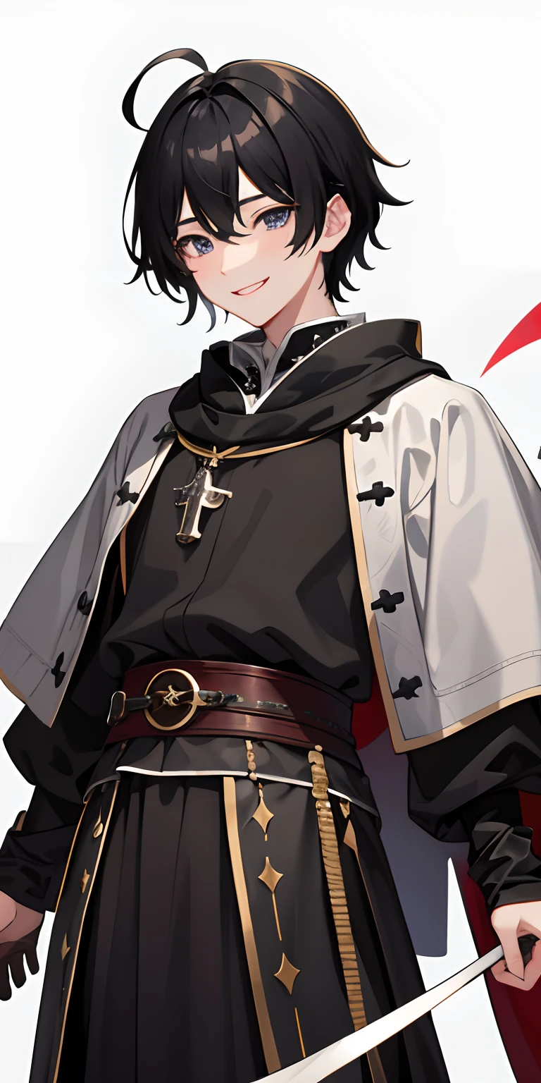 1 boy、A dark-haired、Splattered hair、18year old、A smile、Smiled、((Costumes of medieval Europe)),Knights,grey Clothes、Black eyes、cowboy shot,Young features、fool、Ahoge、roundly eyes、Stupid face