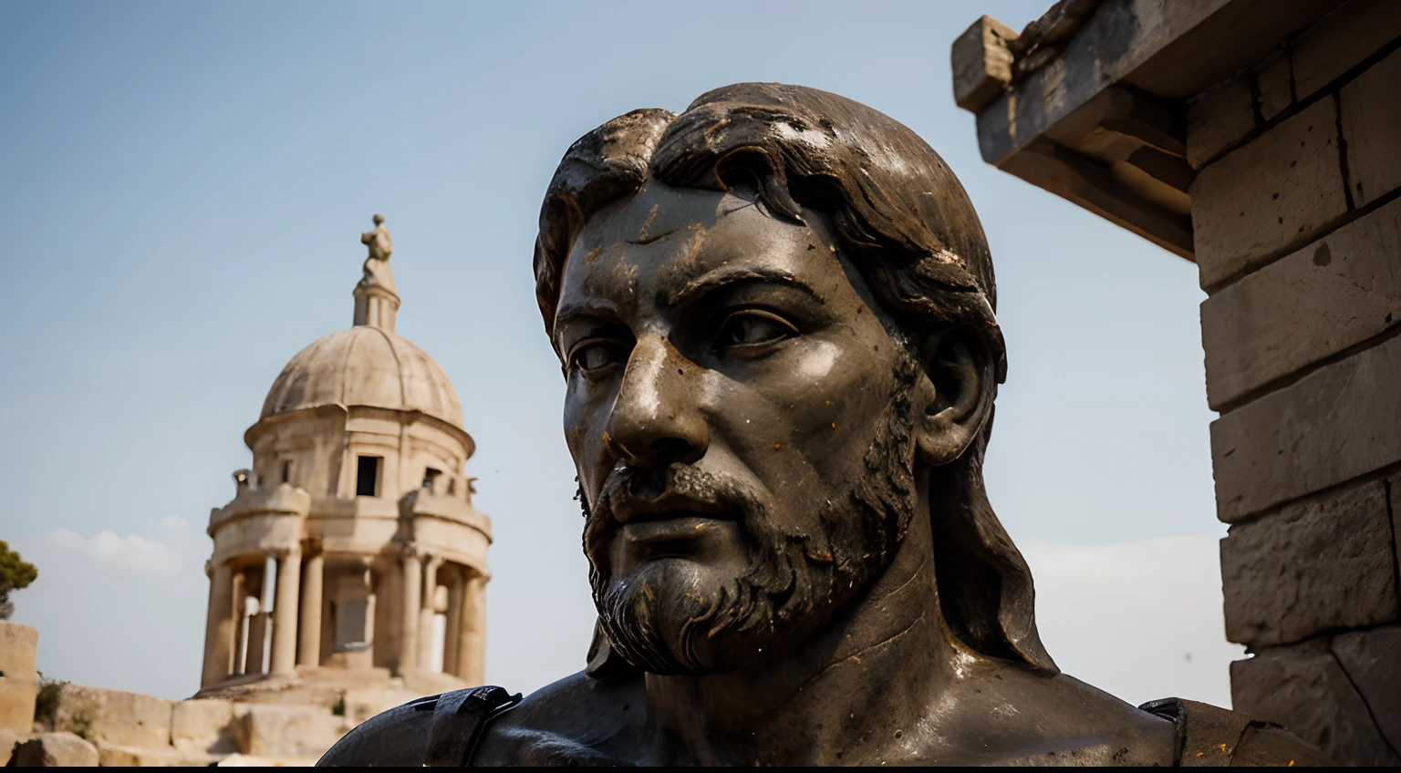 Ancient Stoic Statue With Very Angry Expression, tem barba, muitos detalhes em ambos os olhos, Outside, fundo atenas grego, open sky, com rosto extremamente detalhado full body view, Colors with low saturation with dark tone, Filmado em Sony A7S III com Sony FE 35mm f/1.8, 12.1 MP, --AR 3:2 --estilo cru