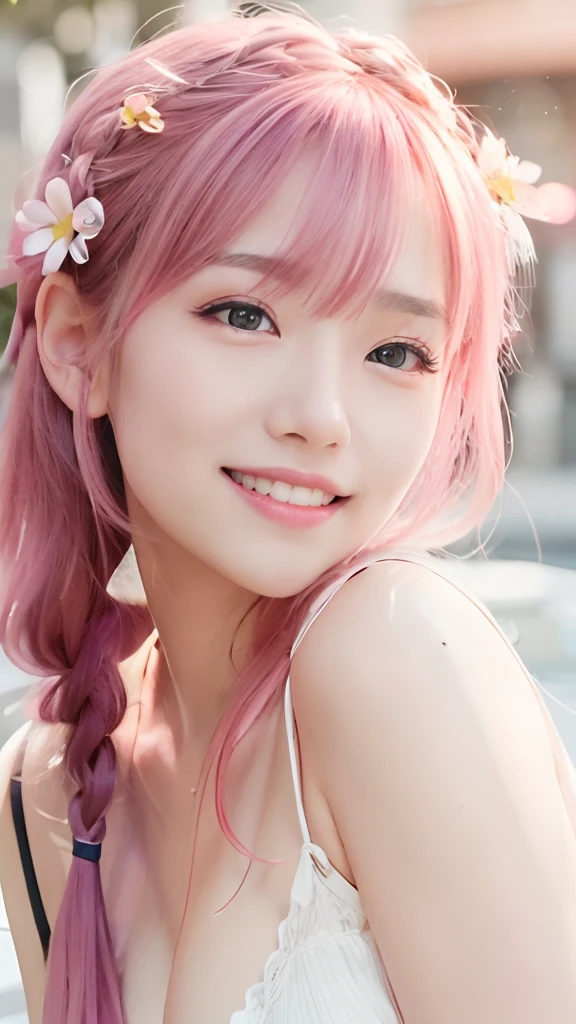 (8K、top-quality、​masterpiece:1.2)、(reallistic、Photorealsitic:1.37)、The ultra-detailliert、女の子1人、18year old、Medium chest、Beautie、Beautiful and perfect face、Natural smile、独奏、holiday、Bustling street、shopping、Fashionable clothes、Redness of the nose)、(A smile:1.5)、(With mouth closed) 、beautidful eyes、(long:1.2)、Floating hair 、Middle hair、Pink Hair Medium Hair, (Pink hair), Ear Hair, small tits, Single braid, (Single braid), (Side braid),Checked shirt