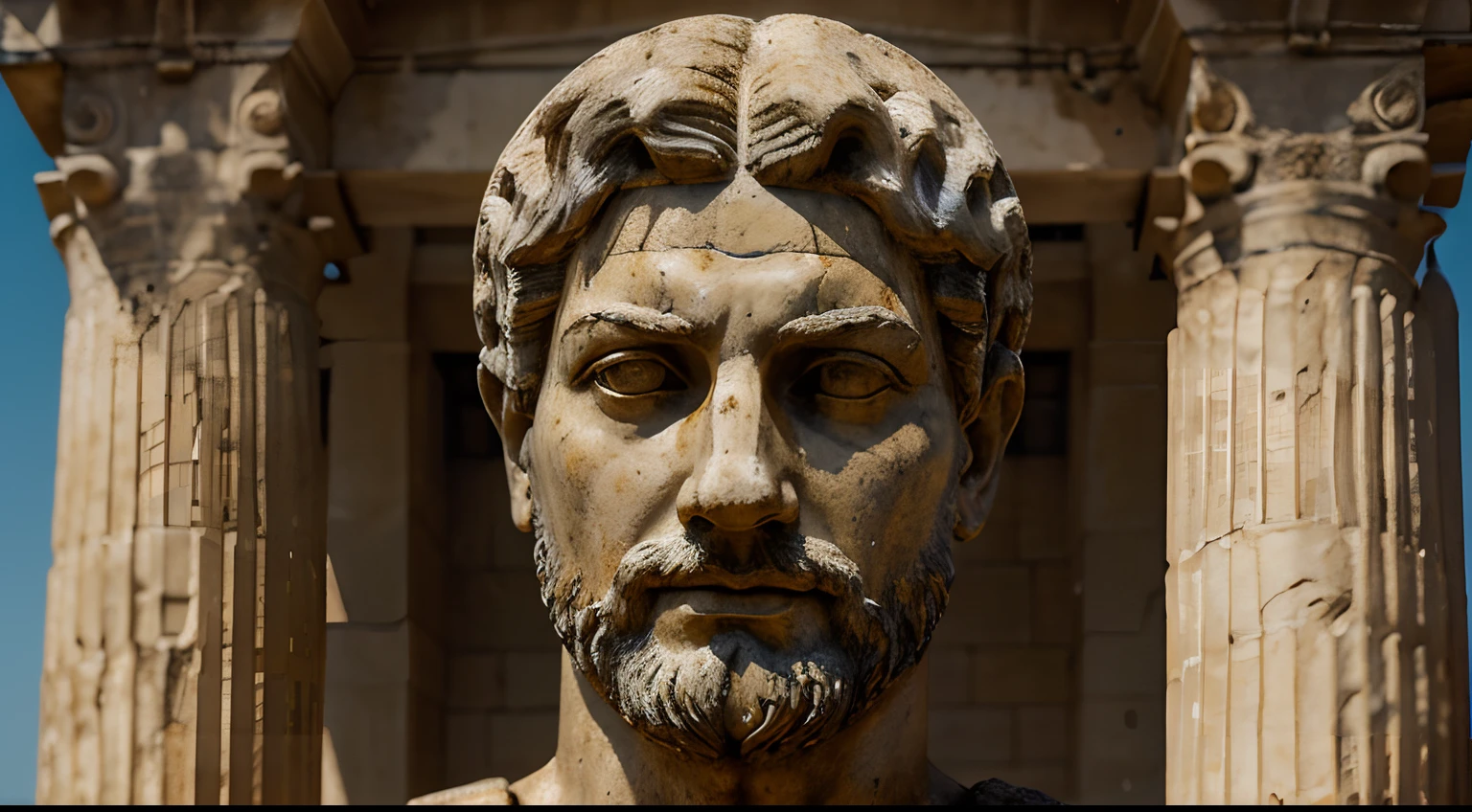 Ancient Stoic Statue With Very Angry Expression, tem barba, muitos detalhes em ambos os olhos, Outside, fundo atenas grego, open sky, com rosto extremamente detalhado full body view, Colors with low saturation with dark tone, Filmado em Sony A7S III com Sony FE 35mm f/1.8, 12.1 MP, --AR 3:2 --estilo cru