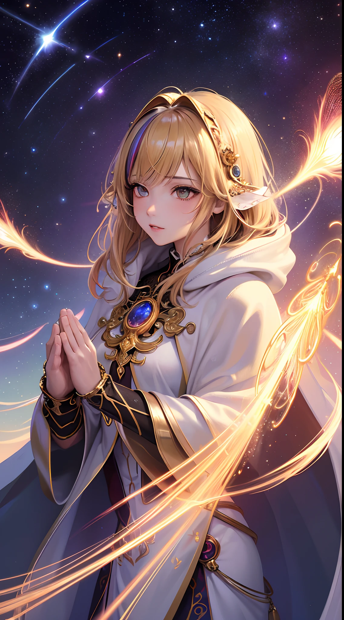 (masterpiece, top quality, best quality, official art, beautiful and aesthetic:1.2), (1girl), extreme detailed, (fractal art:1.3), colorful, highest detailed, perfect face, upper body, HDR, (praying:1.3), (white cloak golden lines:1.2), galaxy, (light streaks), striking visuals, (dynamic streaks, luminous trails:1.2), vibrant colors,