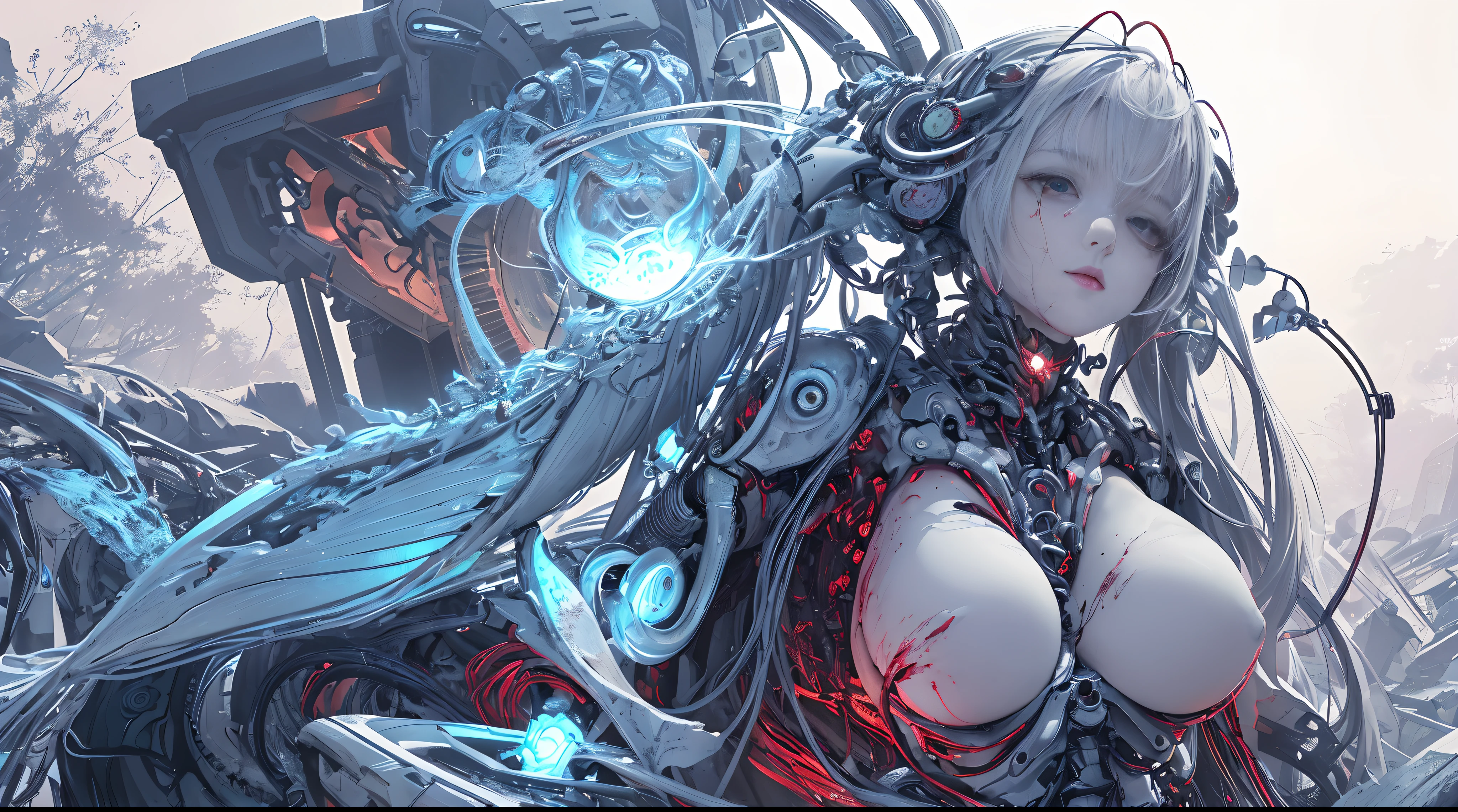 (masterpiece, top quality, best quality, official art, beautiful and aesthetic:1.2), (1girl:1.3), extreme detailed,colorful,highest detailed ((ultra-detailed)), (highly detailed CG illustration), ((an extremely delicate and beautiful)),cinematic light,((1mechanical girl)),solo,full body,((real breasts, mechanical torso:1.2)),(machine made joints:1.2),((mechanical limbs)),(blood vessels connected to tubes),(mechanical vertebrae attaching to back),((mechanical cervical attaching to neck)),(fetal position),expressionless,(wires and cables attaching to neck:1.2),(wires and cables on head:1.2)(character focus),science fiction,white background,(blood:1.5)