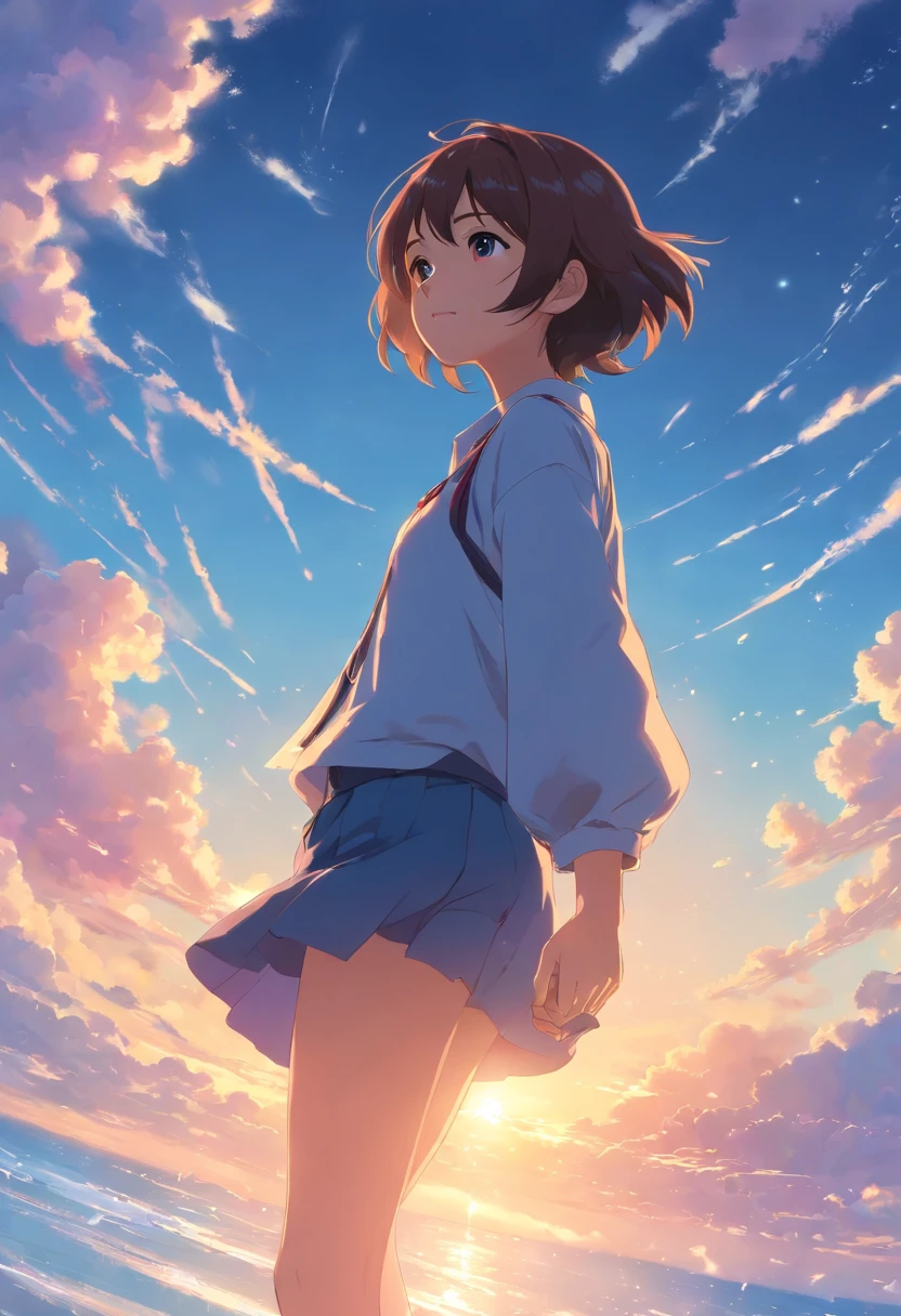 obra maestra, mejor calidad, Still film, 1人の女の子, Cloud Girl, flotando en el cielo, primer plano, brillante, feliz, soft warm lighting,