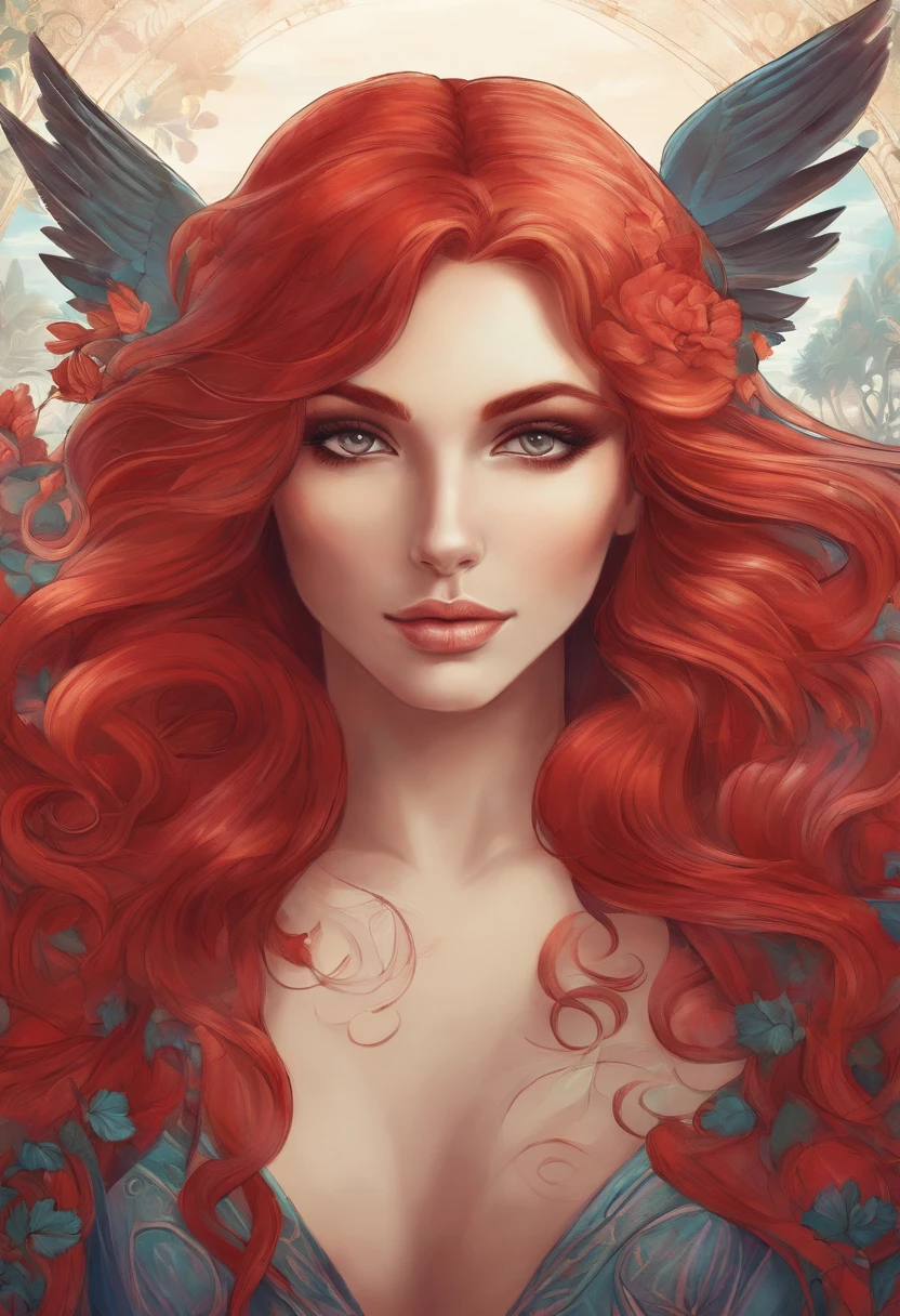 painting of a winged woman with red hair red wings, and a red tail sitting in a field, in style of anne stokes, artgerm julie bell beeple, fantasy genre portrait, fae age girl, faerie, portrait of fairy, realistic fantasy painting, portrait of a fairy, realistic fantasy illustration, pixie character, inspired by Anne Stokes