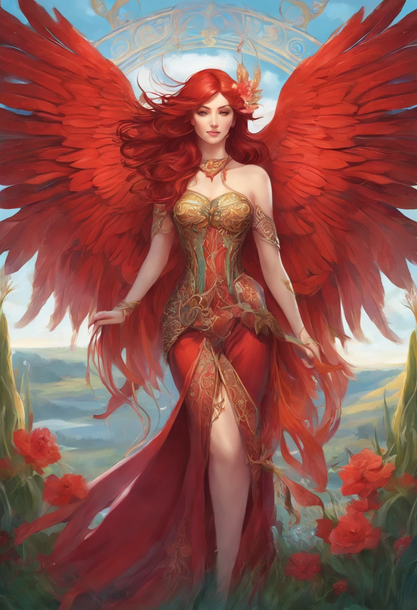 painting of a winged woman with red hair red wings, and a red tail sitting in a field, in style of anne stokes, artgerm julie bell beeple, fantasy genre portrait, fae teenage girl, faerie, portrait of fairy, realistic fantasy painting, portrait of a fairy, realistic fantasy illustration, pixie character, inspired by Anne Stokes