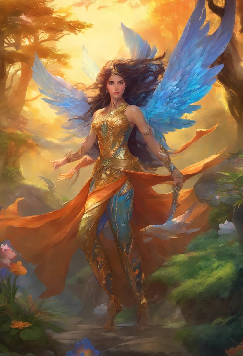 Anjo Bonito Homem Masculino com Detalhes Azuis e Laranjas, asas grandes, floresta em segundo plano, cores vibrantes, corpo inteiro, Rosto detalhado, detailed hands, pernas detalhadas, dedos detalhados, cabelo detalhado, Olhos detalhados, pele detalhada, Lush Vegetation Blurred Background, cores vibrantes, luz exuberante, luz suave, sunset light, luz suave, symmetric, corpo inteiro, reflexions, HDR dynamic lighting, 8K resolution,  cinematic film, liso, foco nítido, Realistic, strobe light beams, ((Fundo desfocado)):1.7, (((profundidade de campo)) ):1.8, celestial 800t 35mm, alta qualidade, heavy grain, Very high detail, cinematic  composition, dramatic light, Anamorphic, lente ultra wide, hiper-realista