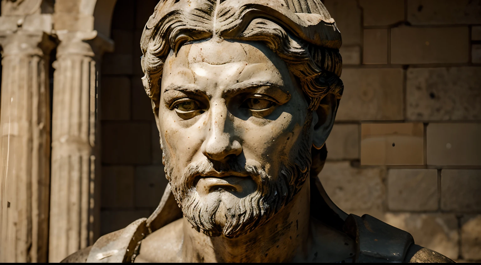 Ancient Stoic Statue With Very Angry Expression, tem barba, muitos detalhes em ambos os olhos, Outside, fundo atenas grego, open sky, com rosto extremamente detalhado full body view, Colors with low saturation with dark tone, Filmado em Sony A7S III com Sony FE 35mm f/1.8, 12.1 MP, --AR 3:2 --estilo cru