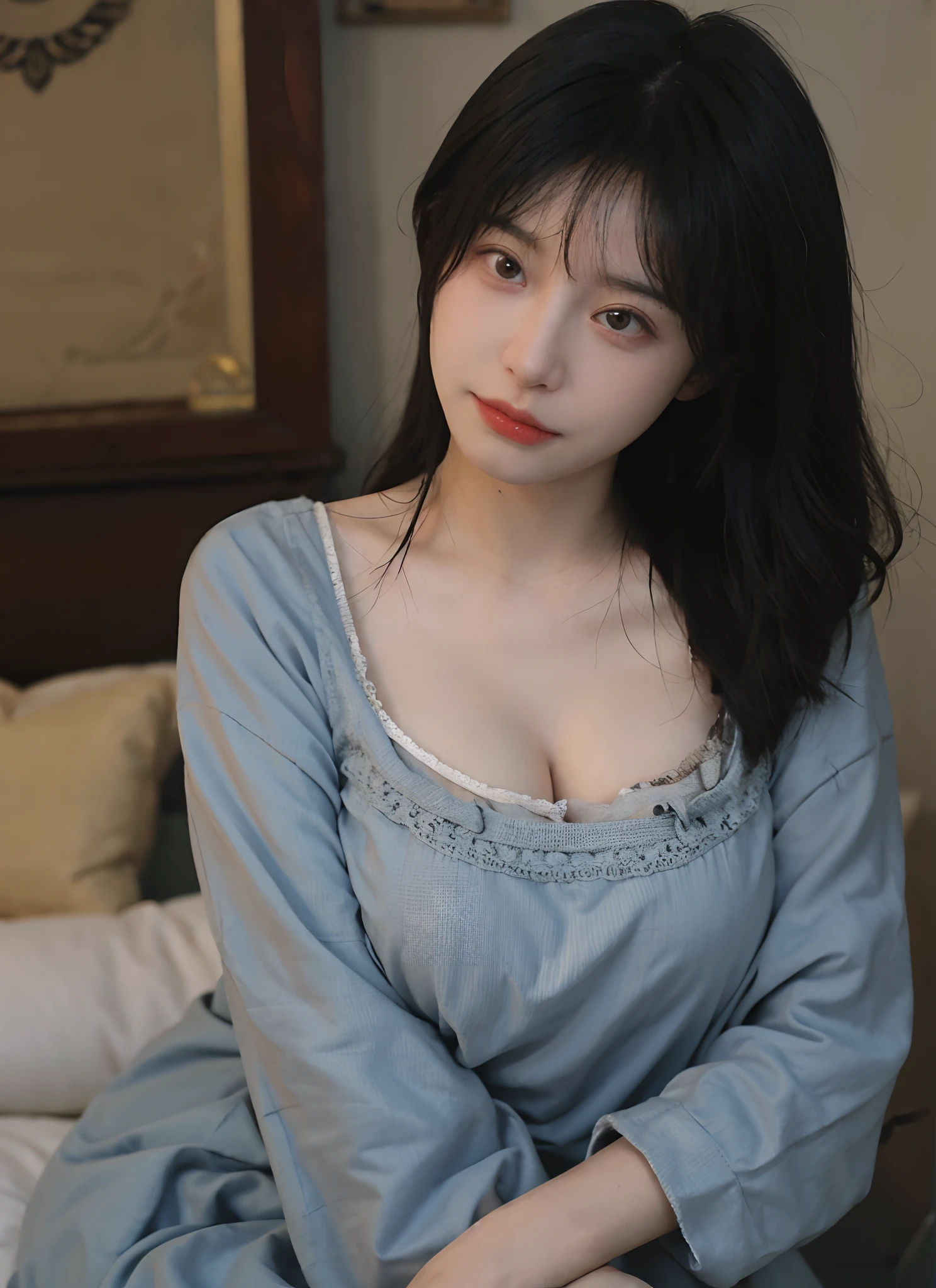 best qualtiy， 超高分辨率， （realisticlying：1.4）， one-girl， A pair of clear and moving peach blossom eyes,Royal Sister，Black long straight，Yellow tight skirt，  （Faded gray-gray hair：1.2）， （big cleavage breasts：1.2）， looking at viewert， closeup cleavage ，