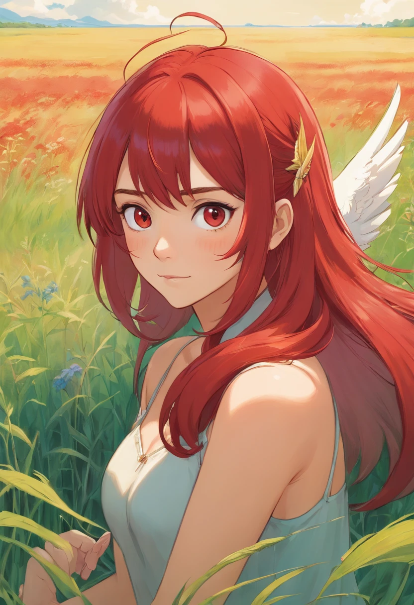 painting of a winged woman with red wings, red hair and a red tail sitting in a field, in style of anne stokes, artgerm julie bell beeple, fantasy genre portrait, fae age girl, faerie, portrait of fairy, realistic fantasy painting, portrait of a fairy, realistic fantasy illustration, pixie character, inspired by Anne Stokes