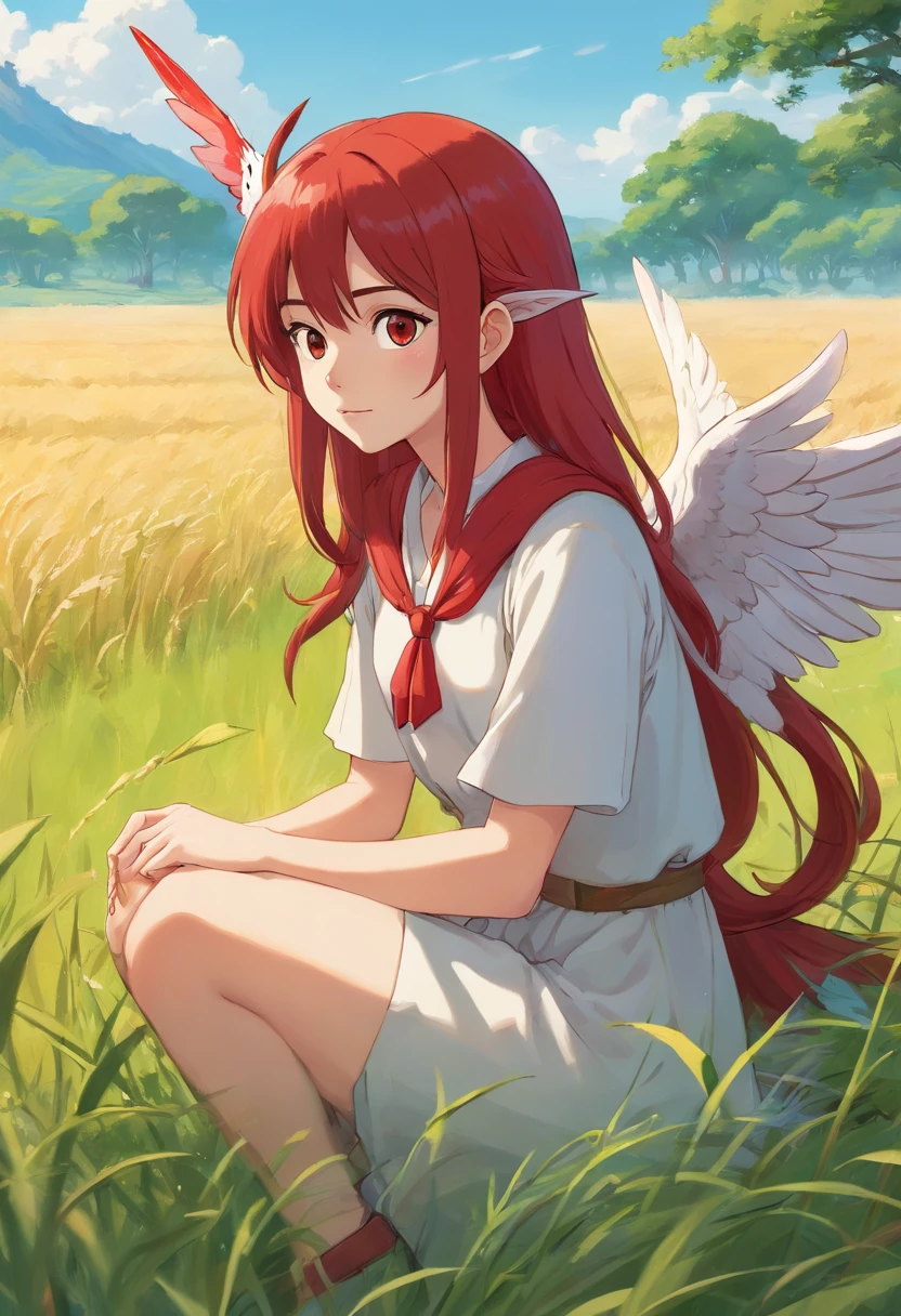 painting of a winged woman with red wings, red hair and a red tail sitting in a field, in style of anne stokes, artgerm julie bell beeple, fantasy genre portrait, fae teenage girl, faerie, portrait of fairy, realistic fantasy painting, portrait of a fairy, realistic fantasy illustration, pixie character, inspired by Anne Stokes