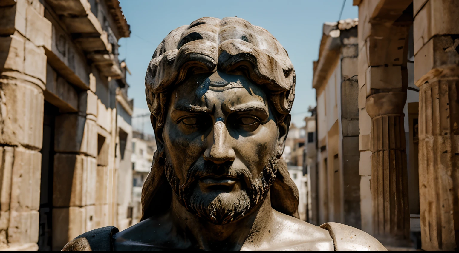Ancient Stoic Statue With Very Angry Expression, tem barba, muitos detalhes em ambos os olhos, Outside, fundo atenas grego, open sky, com rosto extremamente detalhado full body view, Colors with low saturation with dark tone, Filmado em Sony A7S III com Sony FE 35mm f/1.8, 12.1 MP, --AR 3:2 --estilo cru