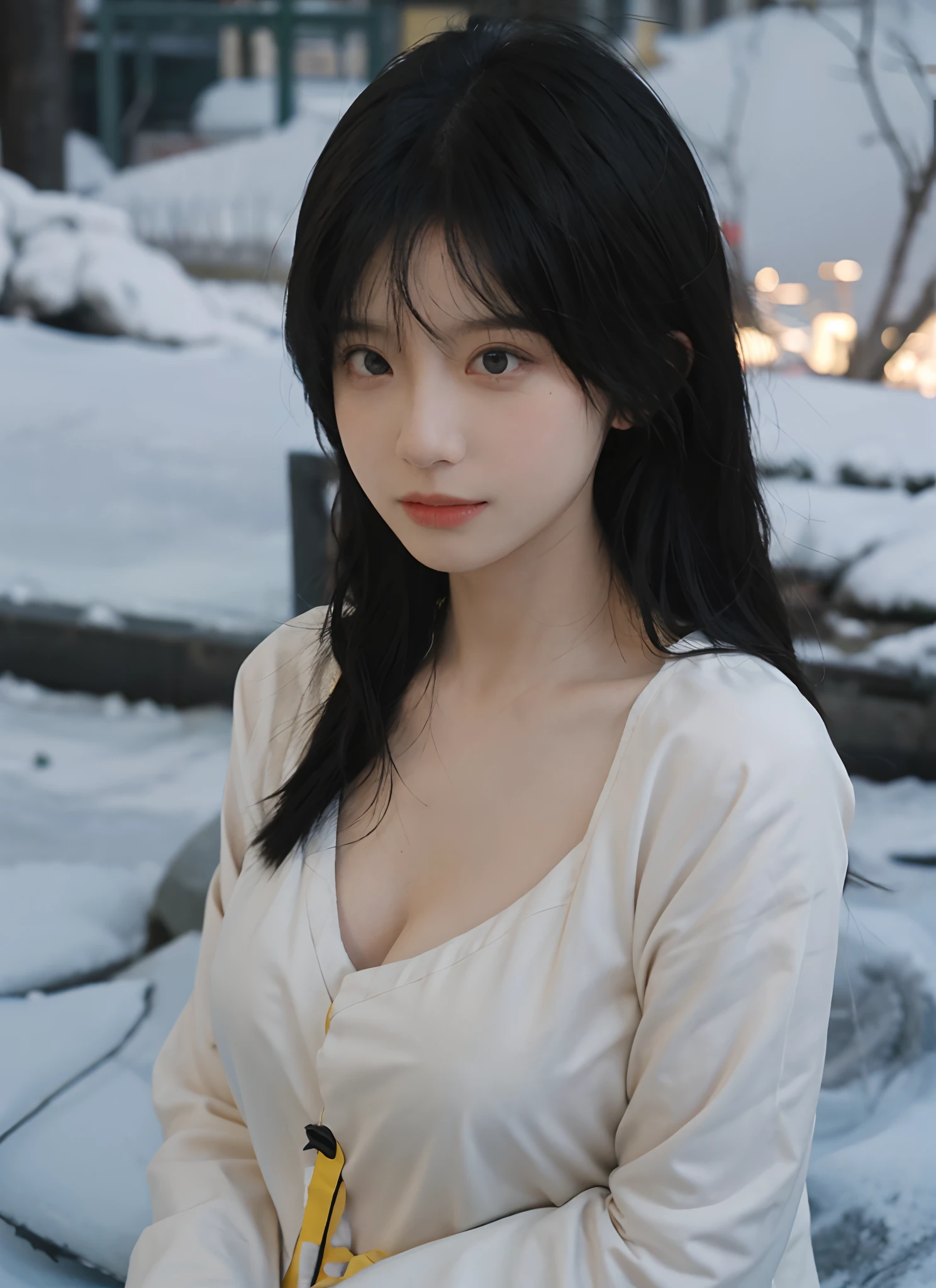 best qualtiy, 超高分辨率, (realisticlying:1.4), one-girl, A pair of clear and snowy eyes,Royal Sister,Black long straight,yellow school uniforms, (big cleavage breasts:1.3), looking at viewert, closeup cleavage ,