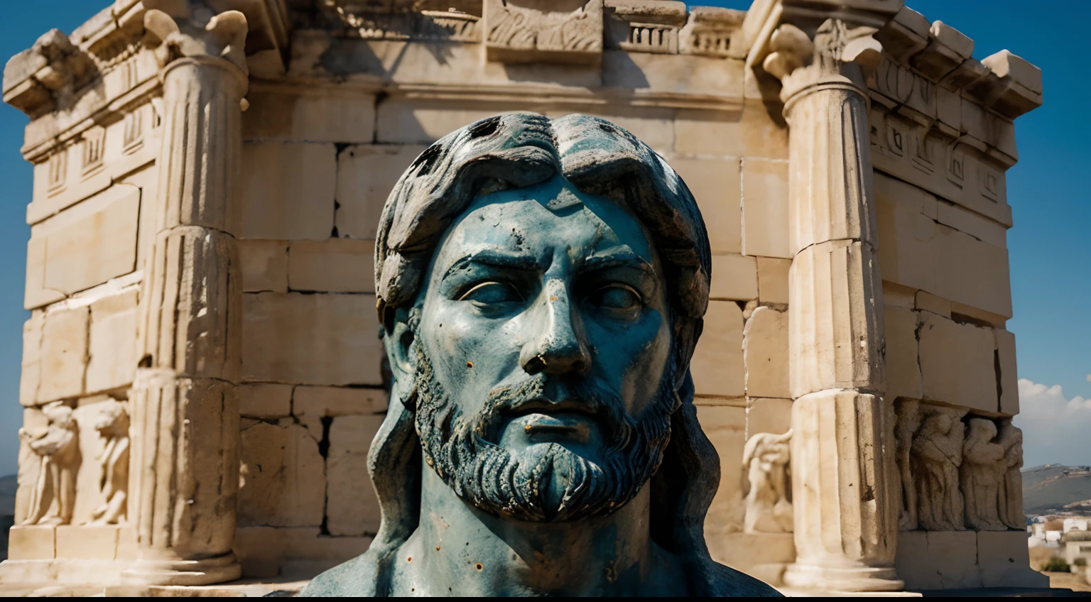 Ancient Stoic Statue With Very Angry Expression, tem barba, muitos detalhes em ambos os olhos, Outside, fundo atenas grego, open sky, com rosto extremamente detalhado full body view, Colors with low saturation with dark tone, Filmado em Sony A7S III com Sony FE 35mm f/1.8, 12.1 MP, --AR 3:2 --estilo cru
