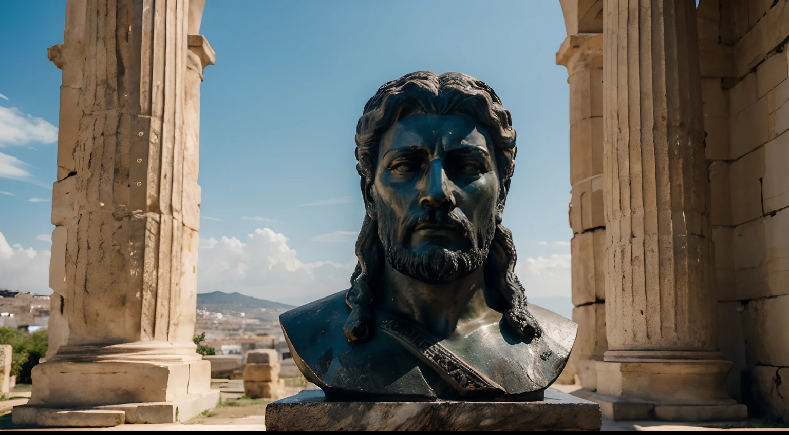 Ancient Stoic Statue With Very Angry Expression, tem barba, muitos detalhes em ambos os olhos, Outside, fundo atenas grego, open sky, com rosto extremamente detalhado full body view, Colors with low saturation with dark tone, Filmado em Sony A7S III com Sony FE 35mm f/1.8, 12.1 MP, --AR 3:2 --estilo cru