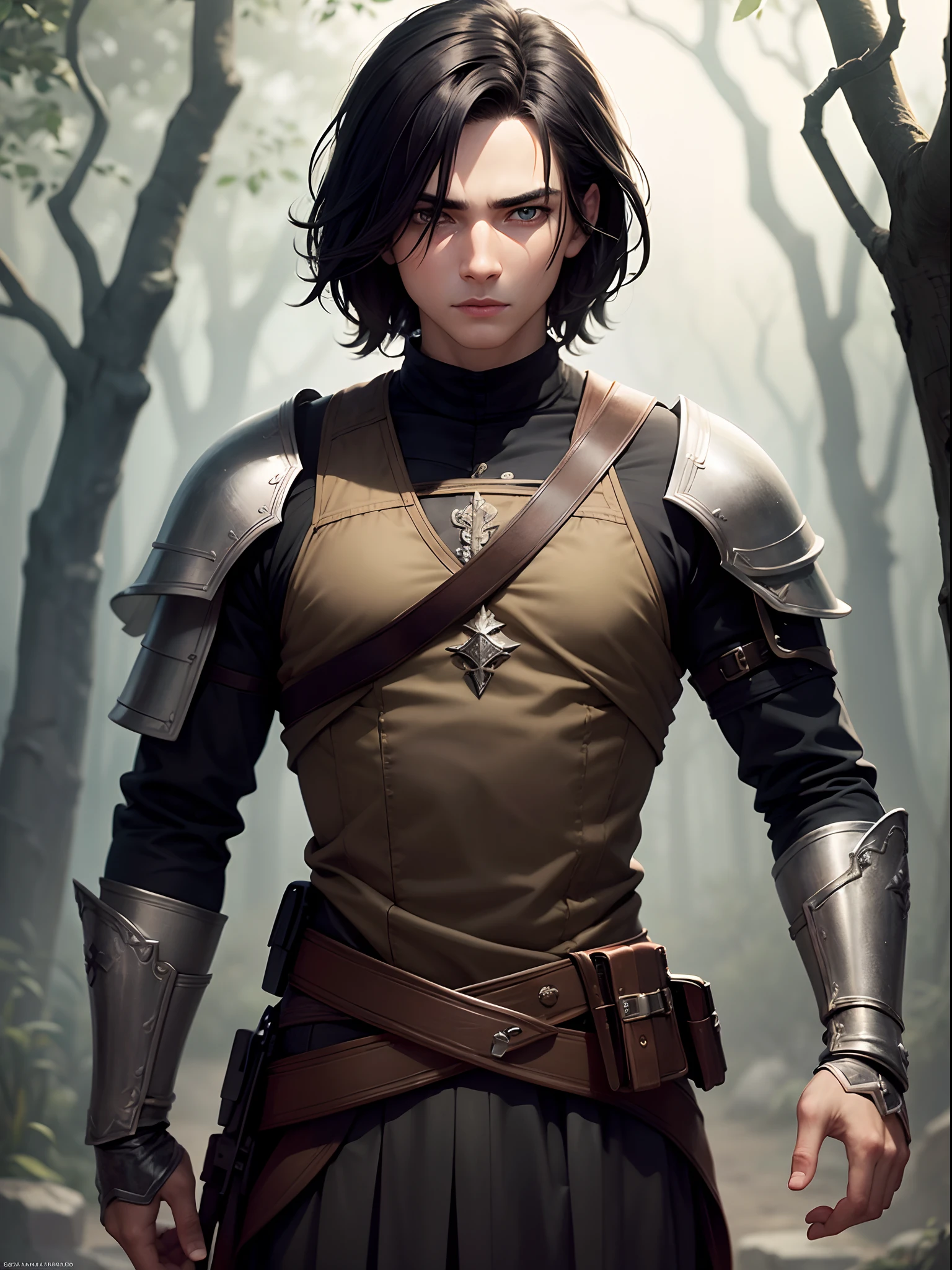 boy,young,beautiful,clean face,beautiful face detailed face,18 years old, finely detailed eyes,skin light tone,black hair,blue eyes, intricate details, portrait, looking at viewer, solo, (full body:0.6), detailed background, detailed face, smuggler,dynamic pose,(High-resolution textures),archer clothes,best quality, masterpiece, ultra high res,high fantasy medieval setting, medieval dark forest background, stealth,fog