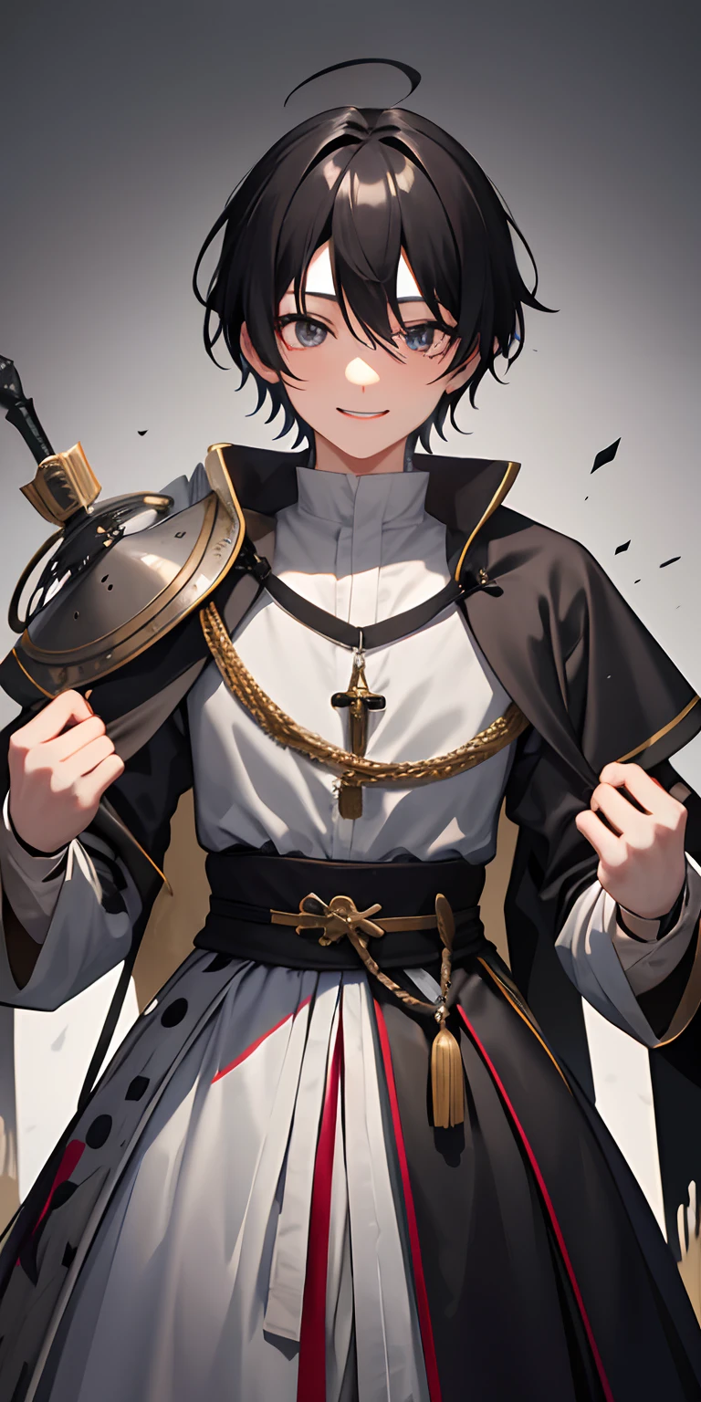 1 boy、A dark-haired、Splattered hair、18year old、A smile、Smiled、((Costumes of medieval Europe)),Knights,(grey Clothes),Black eyes、cowboy  shot,Young features、fool、Ahoge、roundly eyes、Stupid face、stupid、stupid