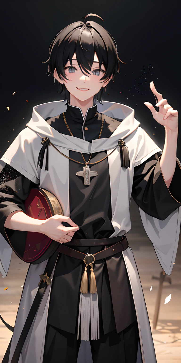 1 boy、A dark-haired、Splattered hair、18year old、A smile、Smiled、((Costumes of medieval Europe)),Knights,(grey Clothes),Black eyes、cowboy shot,Young features、fool、Ahoge、roundly eyes、Stupid face、stupid、stupid