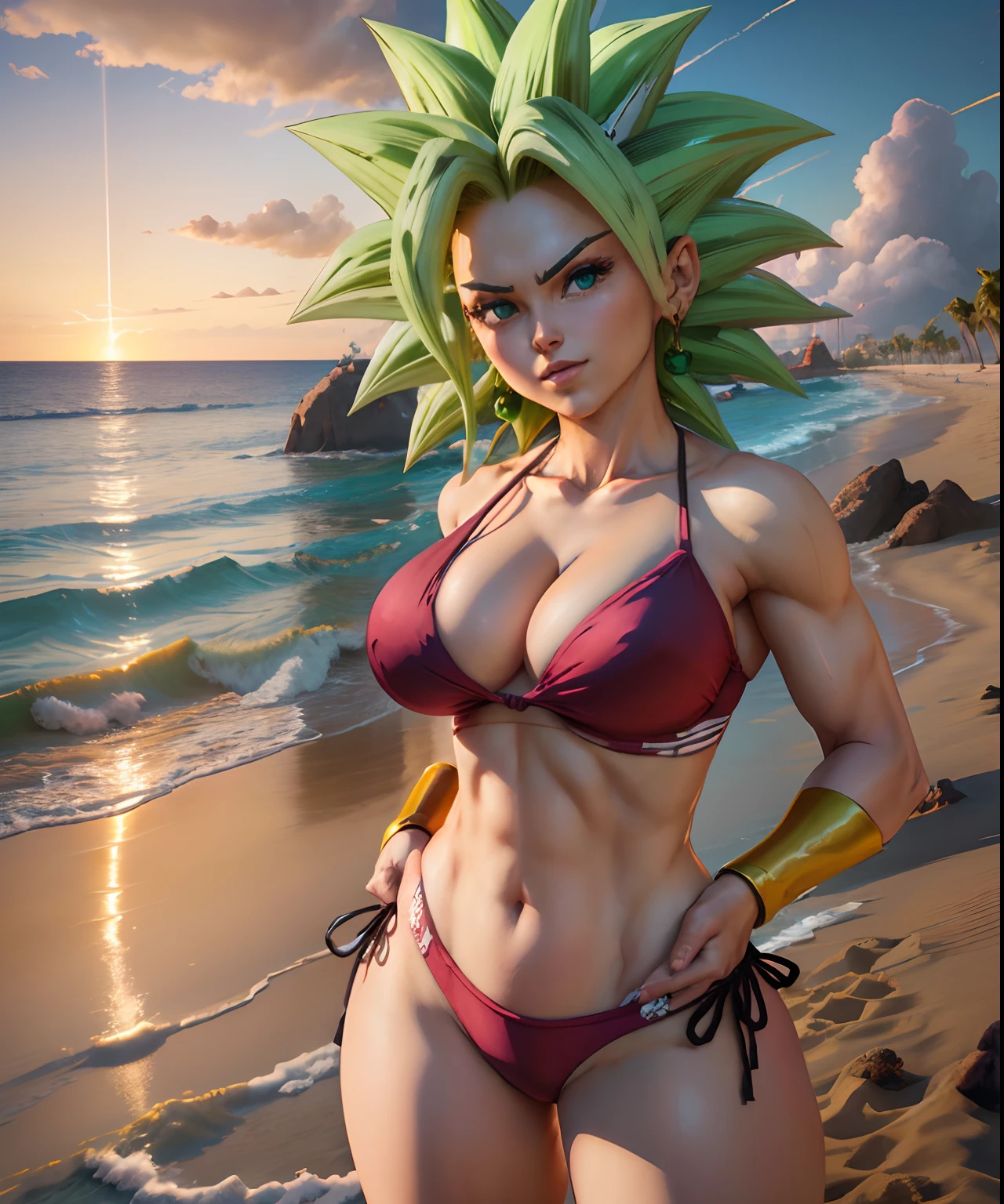 (obra-prima, Beach scene at sunset:1.3), (Kefla de Dragon Ball Super :1.2), (standing at its height of 140 centimeters with a well distributed 65 kg:1.2), (Beautifully proportioned body with big breasts and giant buttocks, firmes e redondas:1.2), (slender physique:1.1), (passeando pela praia no momento da captura:1.2), (Facing the camera squarely, mas virando-se com uma breve risada no canto da boca:1.2), (fotografia tirada de suas costas:1.5), (wearing an extremely small bikini both on top and bottom:1.5), (Capturing the enchanting lighting of the sunset:1.1), (enhancing the beauty of your green colored hair:1.3) Detalhes insanos e hiperdetalhados, Lindamente colorido, Motor irreal, DOF, Super-Resolution, Megapixel, cinematographic lightning, antialiasing, FKAA, TXAA, RTX, SSAO, Post-processing, post - production, Mapeamento de Tons, ......cgi, VFX, SFX, Insanamente detalhado e intrincado, Hiper maximalista, Hiper realista, volumático, fotorrealista, ultra fotorreal | | | | | |, ultra-detalhado, detalhes intrincados, 8k, super detalhado, Colouring, Volumetric lightning, HDR, realista, Motor irreal, 16k, foco nítido. octan render