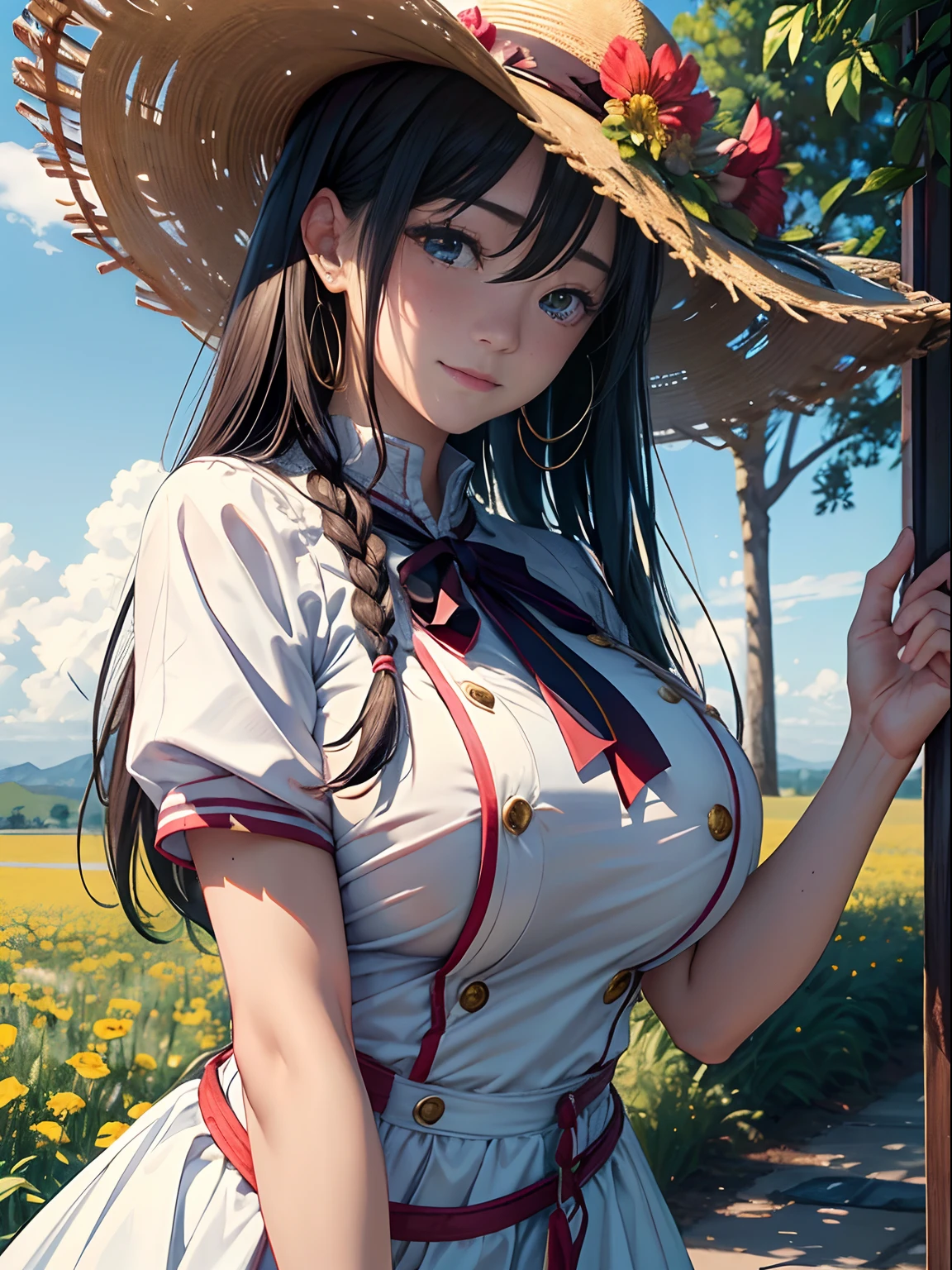 (masterpiece:1.4)、(in 8K、realisitic、Raw photo、top-quality:1.4)、(Real Face:1.4)、(real looking skin:1.3)、超A high resolution、A hyper-realistic、Eyes in Beautiful Details、Golden braid、onepiece、Western-style hat、high detailing、(huge-breasted:1.5)、Blushing、a smile、gargantilha、flower field