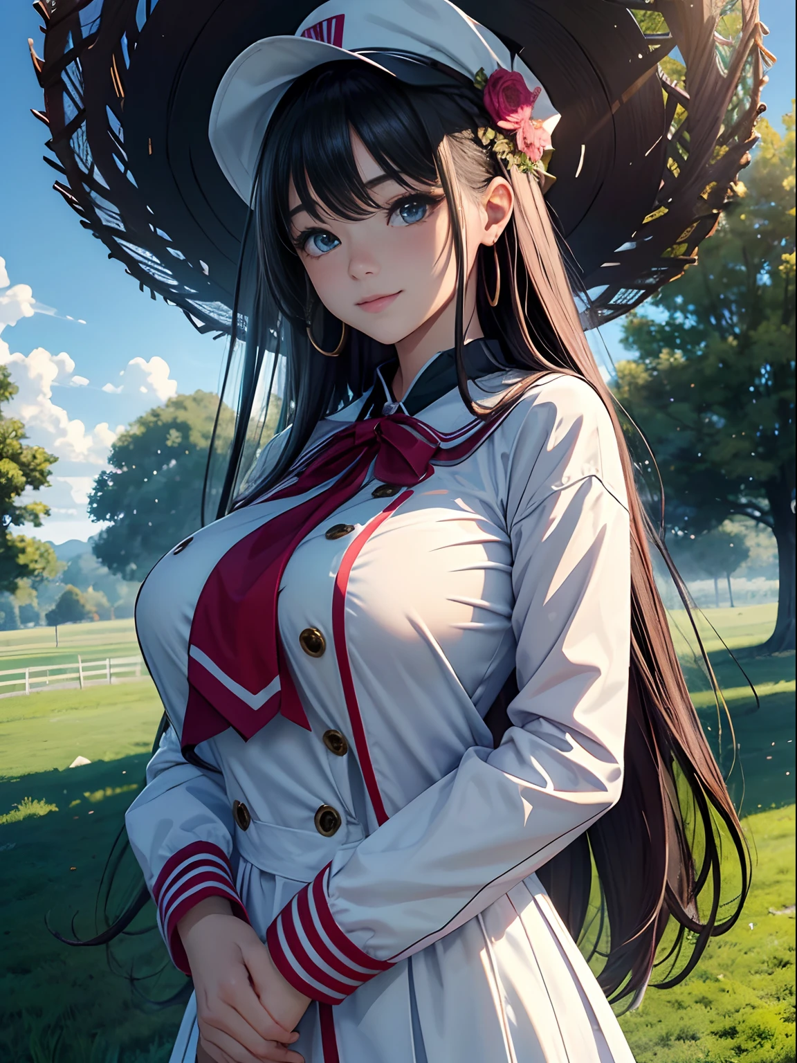 masterpiece, best quality, expressive eyes, perfect face, large breast, big breast, small waist, perfect figure, highly detailed, showing cleavage, brown eyes, short black hair, bangs, full body portrait, she is outside in front of a cottage, she is smiling, dressed as snow white, red bow on her hair, snow white princess, yellow dress, navy blue top, black hair, navy blue top like snow white, it's springtime, spring, sitting on a bench