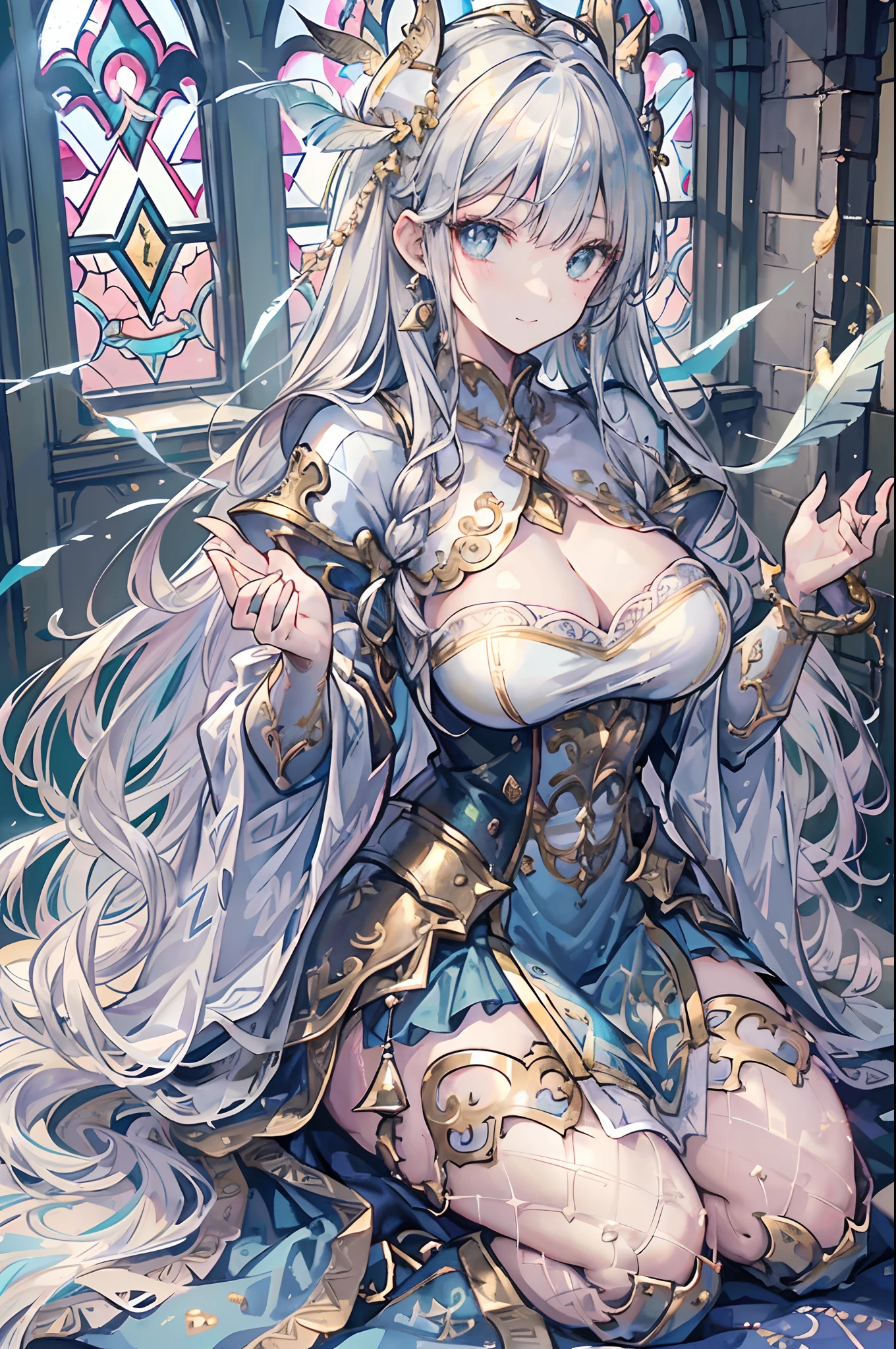 (Official art、Best Quality、Unity 8k Wallpapers、32K、masterpiece、ultra-detailliert、超A high resolution、The best illustrations、Very ridiculous:1.2)、(Cinematic lighting:1.2)、Fireglow effect、film grains、Best Shadows、Rim lighting、side lights、(Ultra-detailed and complex 3D rendering)、Detailed beautiful face and eyes、Sharp pupils、Realistic pupils、A slender、1Man Woman、Medium bust、(Full body:1.2)、 beauitful face、-yeld beiful girl、(super detailed skin、detailed skin textures:1.3)、(silver blond、Blue-silver hair:1.3)、Paladin、Longhaire、Blunt bangs、Green eyes、3 braids in 1 bunch、(Blue Armor、Blue Boots、Blue helmet、Jeweled、Gold embroidery)、A slender、Maxi skirt、(thighs thighs thighs thighs:0.8)、(chies、in a house、Artistic stained glass、Large pipe organ、Hello Point、Mystical、a lot of feathers float、angelicales、Particles of light、solemnity、Sunlight is、colourfull、Fantastical:1.2)、(Fantastical:1.3)、(Holding the Holy Sword:1.0)、Fantastical、Smiling smile