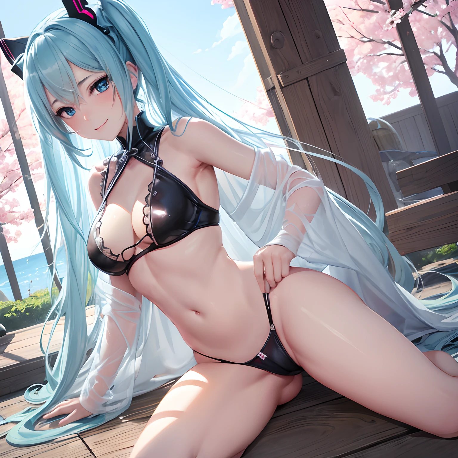 1 rapariga、(Solo), anime style, super fine illustrations、beautiful seductive anime girl、Super detailed、Smile、beautiful blueish eyes、Beautiful proportions、HATSUNEMIKU、Slender、gentle expressions、seductive anime girls、Lackluster skin、Transparent sexy bikini swimsuit、Strong sunlight、Seaside,Vest line, , , , sex