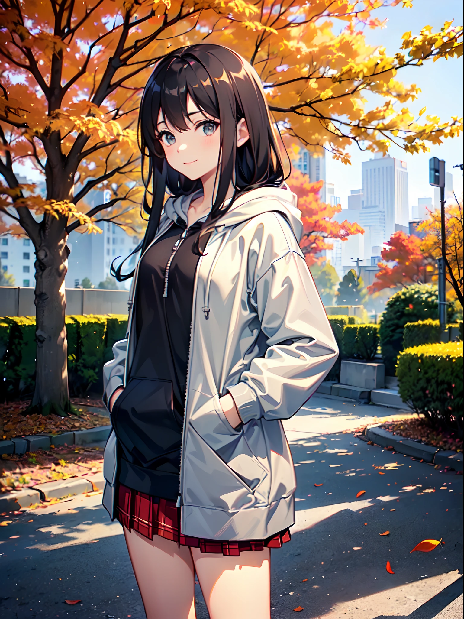 ((1 beautiful young girl)),(Solo、1 persons)、 ((14-year-old junior high school girl:1.5))、(flat chest)、(Dark-haired girl in grey oversized full-zip hoodie:1.37),(Do not wear hoodie hood:1.3)、Wearing a shirt inside a hoodie、(red plaid pleated skirt), (high socks), (lowfers),(Long straight hair)、Autumn Park、Colored leaves、leaves falling、stroll、A slight smil、(Do not put your hands in your pockets:1.37)