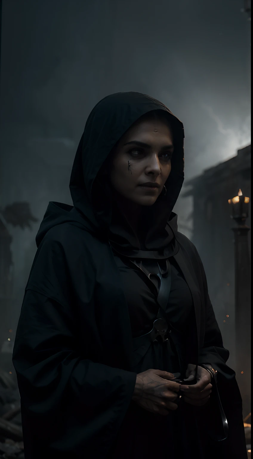 Create a frighteningly detailed and realistic depiction of the hooded figure of Death. Deepika Padukone. The scene is expected to feature a black silhouette with a skull on a face and a skeletal hand holding a menacing sickle. Esta figura sinistra deve ter como pano de fundo uma noite nebulosa iluminada pela luz fria da lua. A imagem deve exalar uma atmosfera sinistra e arrepiante. Use Octane rendering to capture realistic textures and lighting. The resolution should be an impressive 8K, ensuring extraordinary clarity and precision in portraying the sinister aspect of Death.