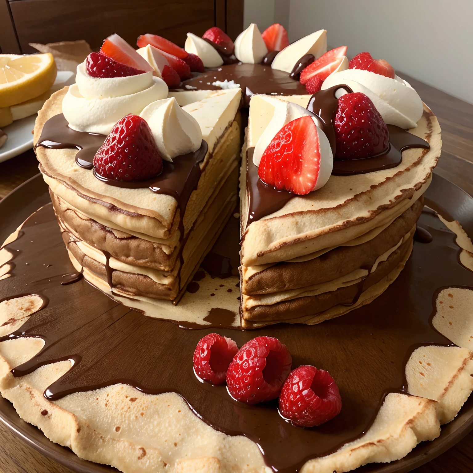 foto realista de receita de crepe doce com whey protein, cobertura com frutas vermelhas, cobertura de chocolate