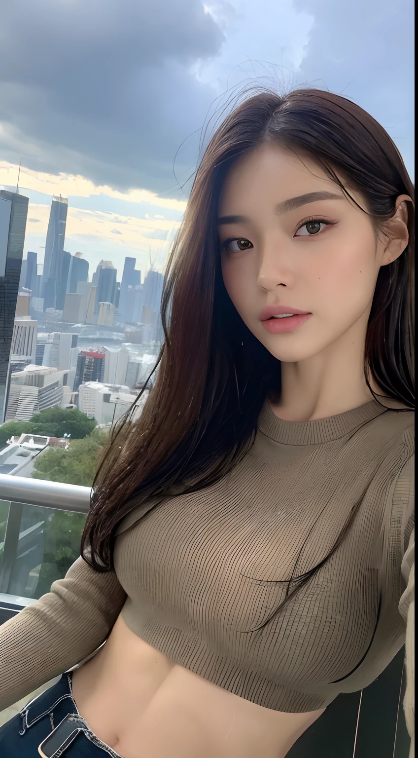 (Best quality, 4k, Masterpiece :1.3), pretty woman, 1girl, (attractive body :1.2), giantess, towering over tiny city, 500 meters tall, abs :1.1, dark brown hair: 1.1, (rainy wet, wet from rain, wet body :1.2), ultra-detailed face, detailed lips, detailed eyes, double eyelid, midriff exposed