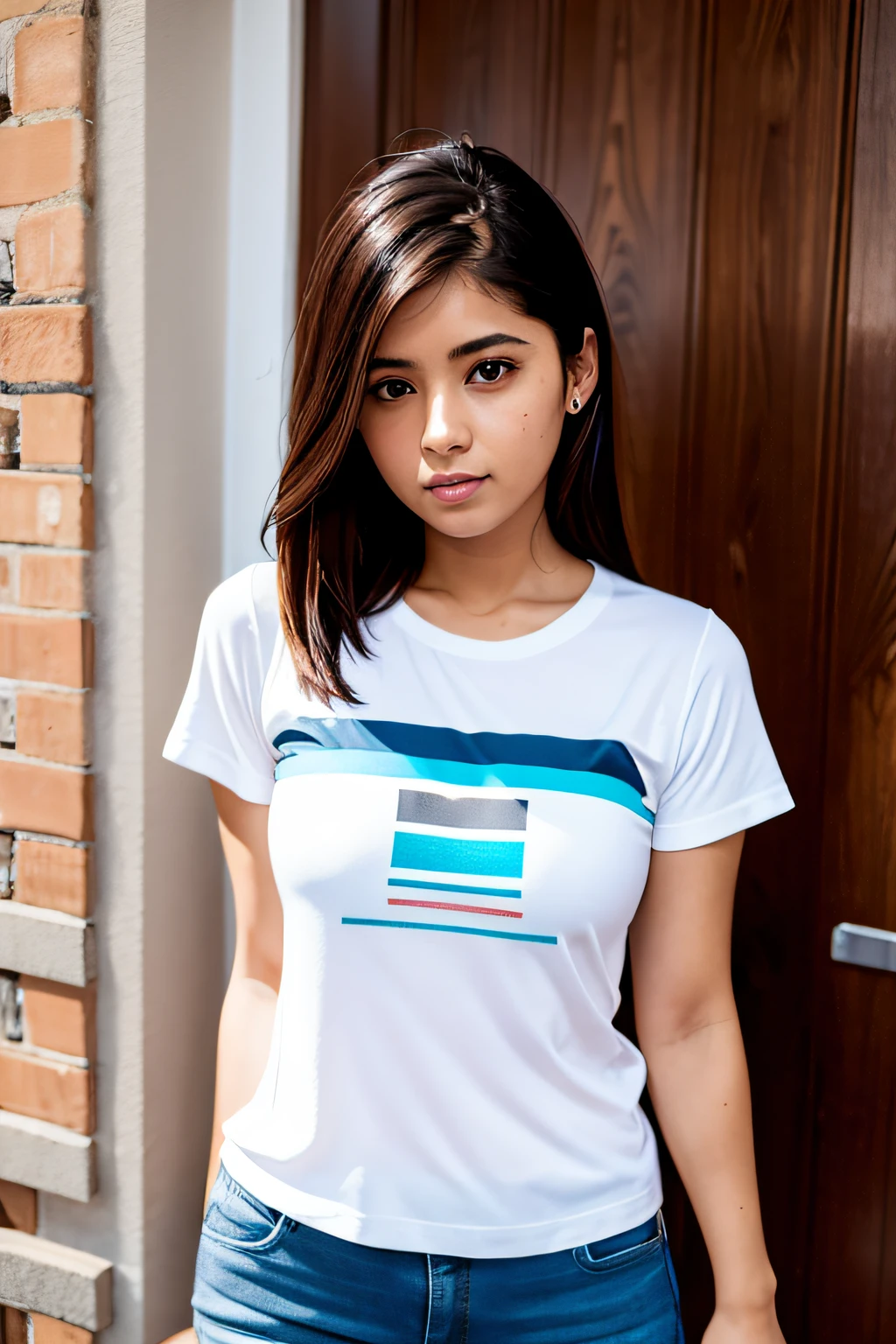 25 YEAR OLD WOMAN WEARING T-SHIRT AND PANTS , DE FRENTE PARA A CAMERA