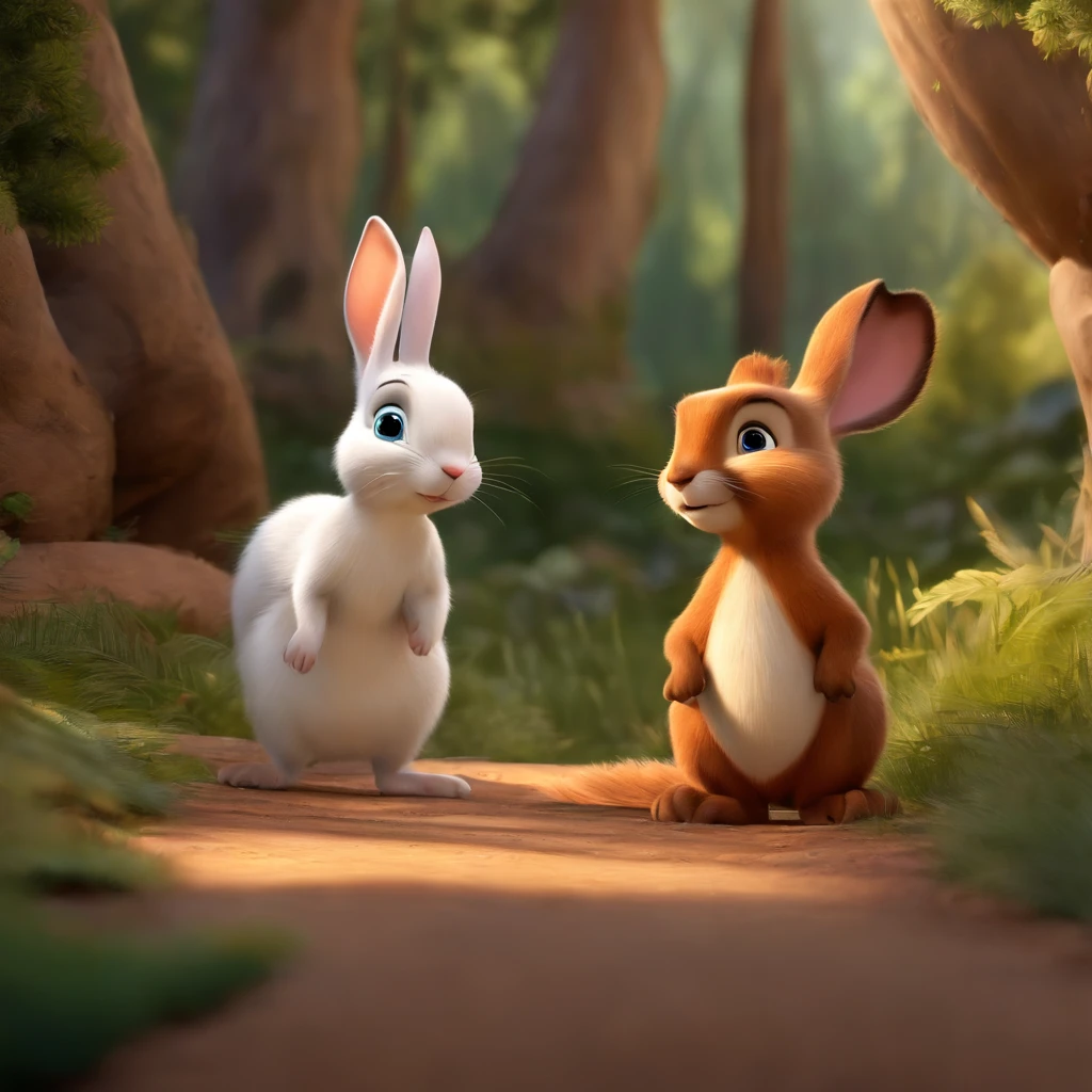 Film image quality, Disney Animation, style of disney animation, Disney Movie Animation, 3D Movies, Estilo chino, Conejo explorador, Caminando por el colorido bosque, con sus amigos animales, Disco duro, Pintura infantil, Profundidad de campos, luz Alta, Luz real, Rastreo de rayas, OC renderizado, hyper-realistic, La mejor calidad, 8k, Obras maestras, super fine, Old pubic detailed, anatomy correct, sharp focus on eyes, Bokeh, Los rasgos faciales se describen cuidadosamente