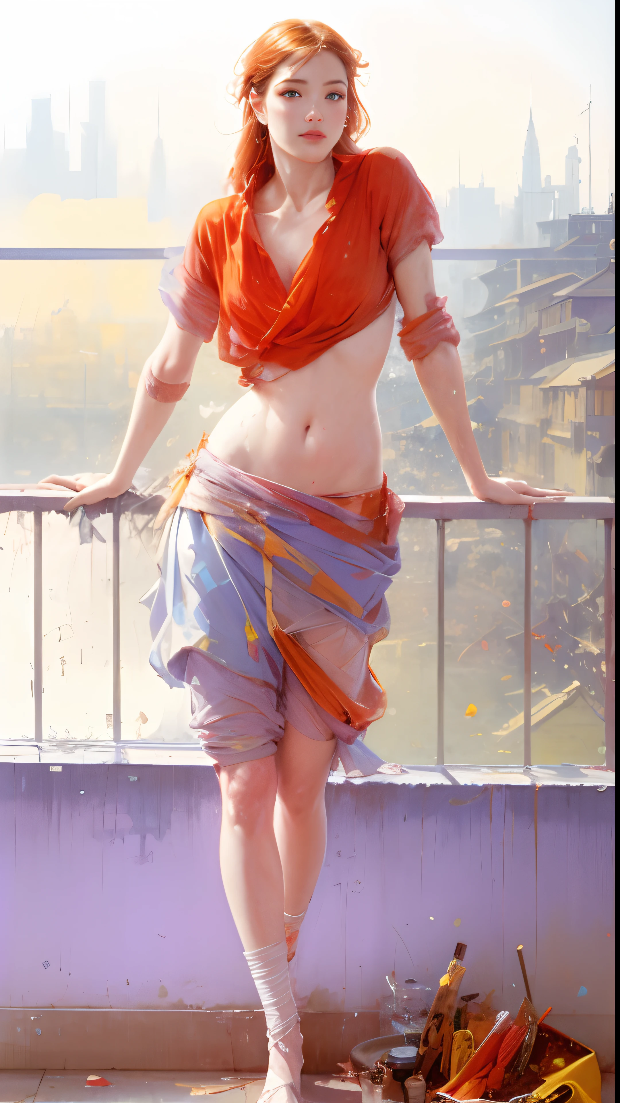Painting of a woman in red blouse and skirt standing on a balcony, Guweiz, James Gurney estilo de pintura, por Bayard Wu, Obras de arte al estilo de Guweiz, CGsociety colores saturados, por Yanjun Cheng, Craig Mullins Alphonse Mucha, por Bian Jingzhao, por Zhao Yong, Pino Daeni, hermosa pintura de personajes