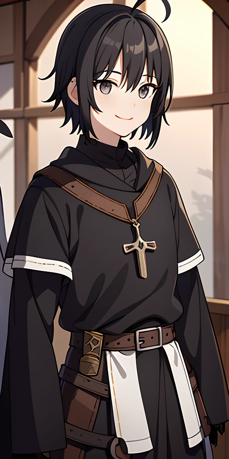 1 boy、A dark-haired、Splattered hair、18year old、A smile、Smiled、((Costumes of medieval Europe)),Knights,(grey Clothes),Black eyes、cowboy  shot,Young features、fool、Ahoge、roundly eyes、Stupid face、Stupid、Stupid