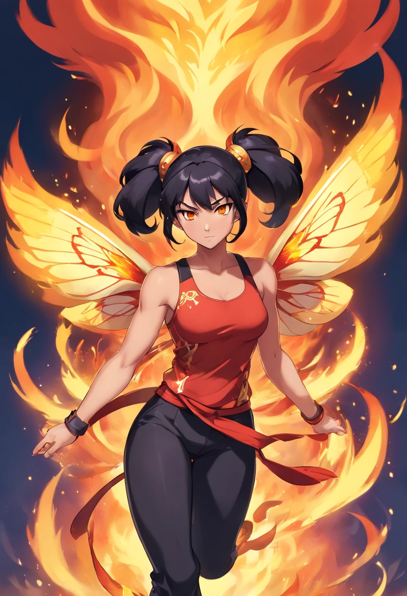 Nawra, tall dark-skinned Arab girl with black hair ponytail, yellow eyes, and a red crop top and black trousers, tall, athletic, strong, fit, muscular, fire!! full body, appears as the fire goddess, fire goddess, nico robin, hot fire goddess, she has fire powers, black - haired mage, ahri, her hair is on fire, style artgerm, full body portrait of a short!, the butterfly goddess of fire, genie girl, djinni girl, superpowered girl, fire elemental, martial artist