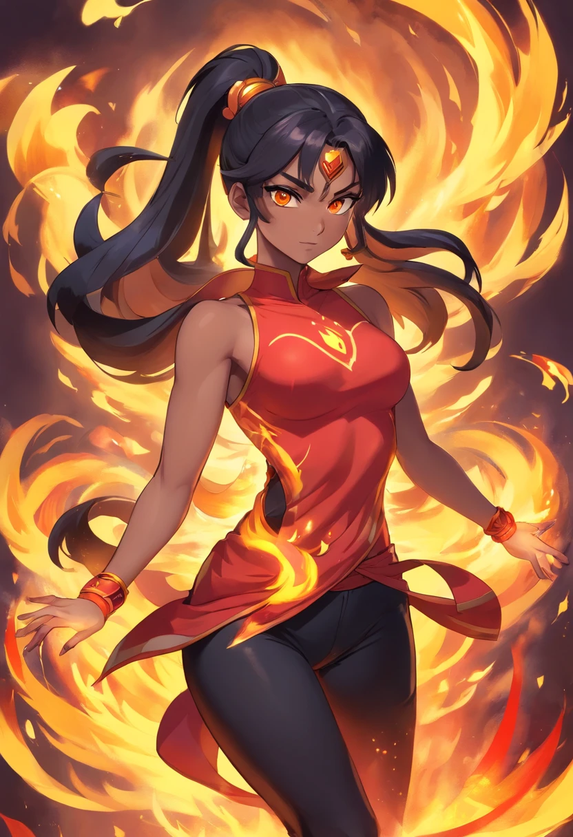 Nawra, tall dark-skinned Arab girl with black hair ponytail, yellow eyes, and a red crop top and black trousers, tall, athletic, strong, fit, muscular, fire!! full body, appears as the fire goddess, fire goddess, nico robin, hot fire goddess, she has fire powers, black - haired mage, ahri, her hair is on fire, style artgerm, full body portrait of a short!, the butterfly goddess of fire, genie girl, djinni girl, superpowered girl, fire elemental, martial artist