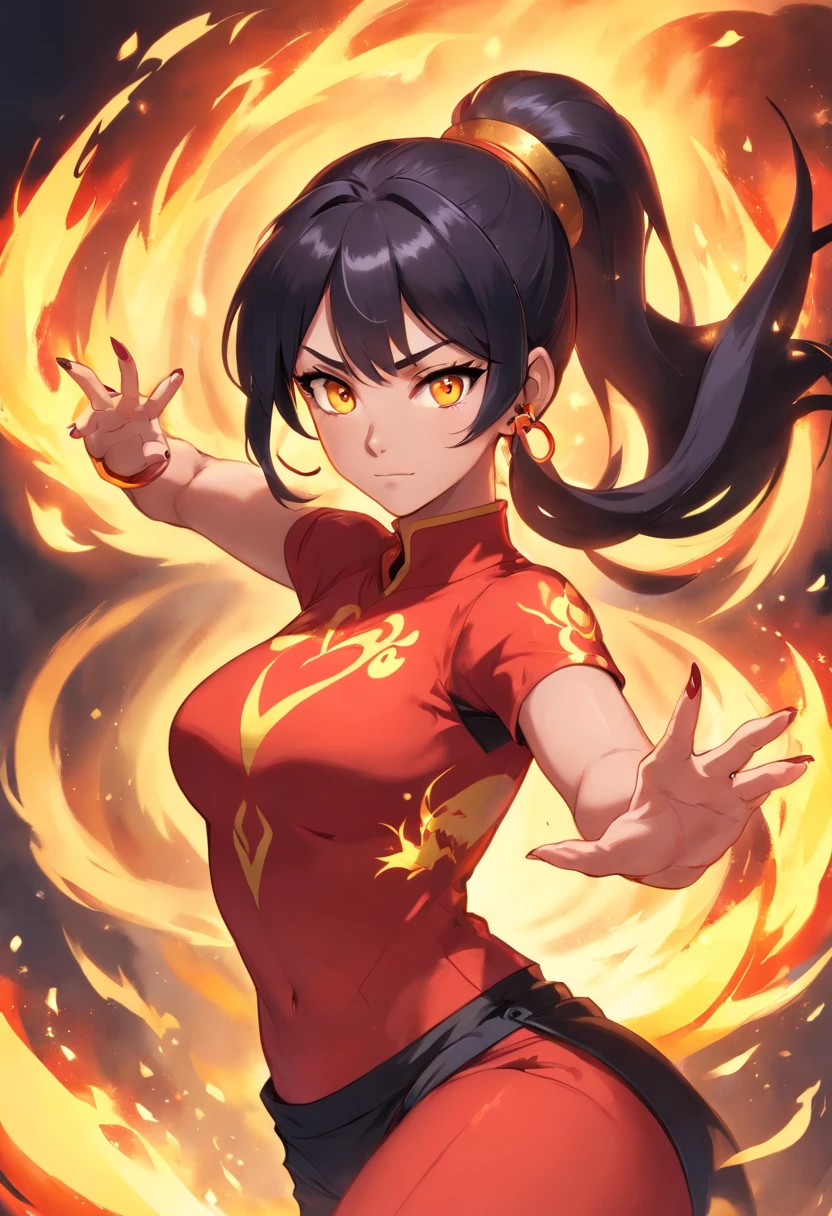 (masterpiecer, best quality, ultra-detailed), CinderFall, yellow eyes long hair, hair on the side, black hair, hair over one eye, earrings, red dress, red sleeves, bare shoulders, standing, looking at viewer