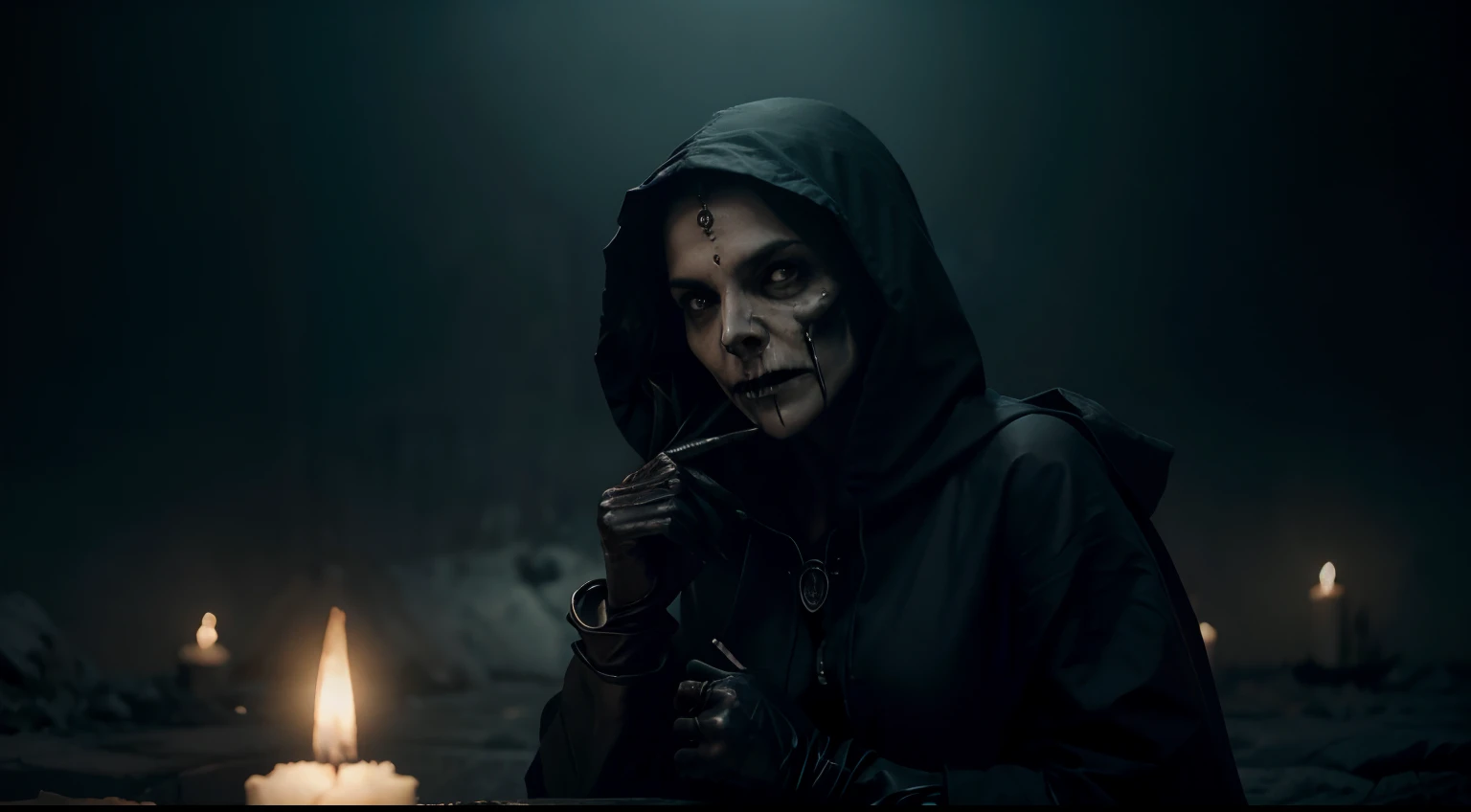Create a frighteningly detailed and realistic depiction of the hooded figure of Death. Deepika Padukone. The scene is expected to feature a black silhouette with a skull on a face and a skeletal hand holding a menacing sickle. Esta figura sinistra deve ter como pano de fundo uma noite nebulosa iluminada pela luz fria da lua. A imagem deve exalar uma atmosfera sinistra e arrepiante. Use Octane rendering to capture realistic textures and lighting. The resolution should be an impressive 8K, ensuring extraordinary clarity and precision in portraying the sinister aspect of Death.