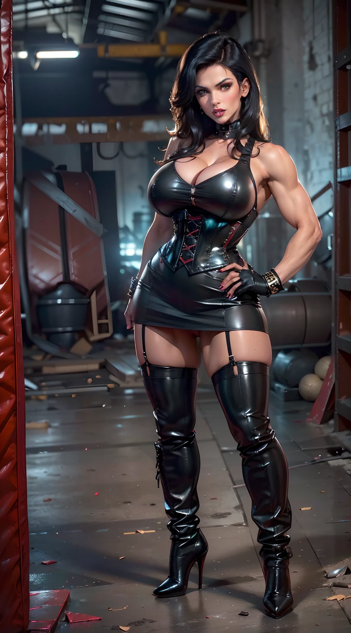 (best quality,highres:1.2), (ultra-detailed), (realistic:1.37), (HDR,UHD), (physically-based rendering), (busty mature muscular DeniseMilani), ((wearing a black leather skimpy skater skirt)), ((black leather corset)), (stiletto-heel ankle-boots), (stylish jet-black hair), (huge firm silicone breasts, deep cleavage, perfectly round breasts), (muscular physique), (boxing pose in an abandoned factory), (NSFW), (full-body portrait), (vivid colors), (dark tones), (intense lighting), (tan stockings, sexy thighhigh fishnet stockings), stylish black leather gloves, detailed red fingernails, green eyes, hot red lips, leather panties, sexy fighter, prominent breasts, rock solid breasts,