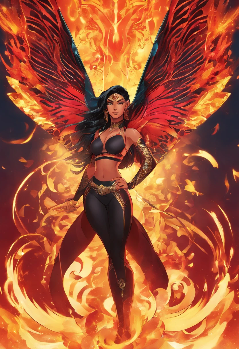 Nawra, tall dark-skinned Arab girl with black hair ponytail, yellow eyes, and a red crop top and black trousers, tall, athletic, strong, fit, muscular, fire!! full body, appears as the fire goddess, fire goddess, nico robin, hot fire goddess, she has fire powers, black - haired mage, ahri, her hair is on fire, style artgerm, full body portrait of a short!, the butterfly goddess of fire, genie girl, djinni girl, superpowered girl, fire elemental, martial artist