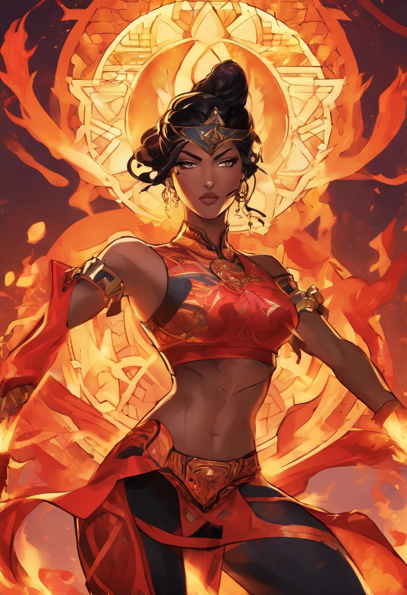Illustrate Neha Sharma (Kali) in an action pose. She is in the midst of summoning her fiery powers, with her dark sari moving dynamically. Her ebony-black eyes are focused and intense, and her long, wavy, coal-black hair moves wildly with her. Surround her with a dynamic vibrant, fiery aura with blue or black flames to showcase her connection with Kali and her powerful presence.