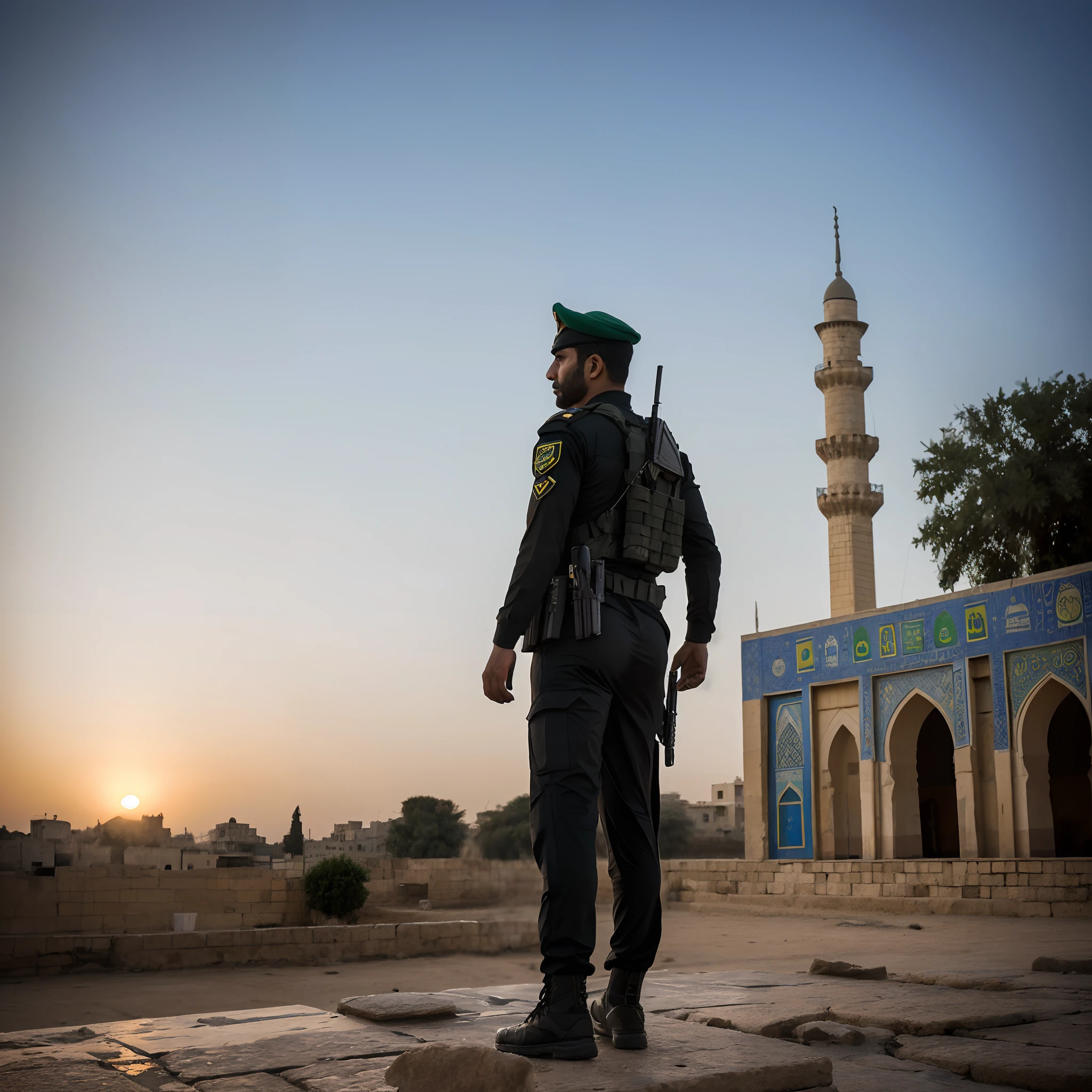 (Pakistani Commando wearing black commando uniform with the name Basit Written back side of the shirt) (standing on the Rock) in front of (masjid ul aqsa) (sunset time ) (Palestine falg) 8k resolution realistic image