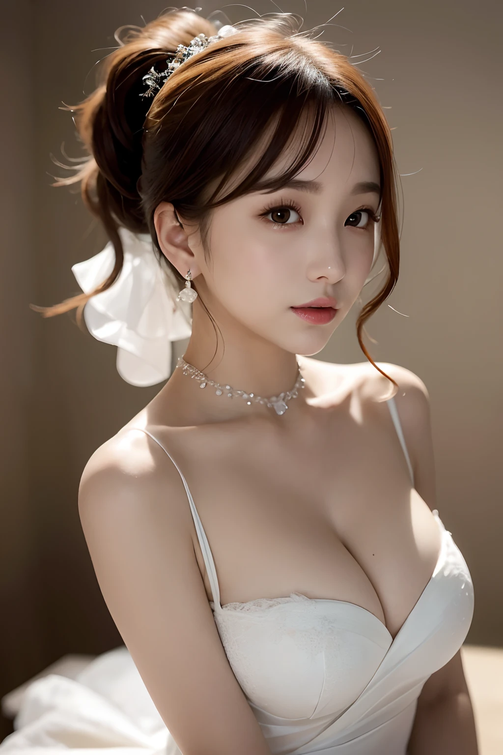 ((addielyn))、Random posture、(extremely delicate and beautiful work)、(masterpiece)、One girl、Highly Detailed Elegant Wedding Dresses、tiarra、A highly detailed、Warped ponytail、A charming expression、Beautiful and clear eyes、Green pupil、delicate necklaces、Delicate earrings、Simple blurry background、Description of extreme details、Beautiful fece、A charming、Ultra-fine painting、delicated face、Delicate figure、large full breasts、thin clavicle、Beautiful lips、Soft back view、mix4、(8K、Raw photography、top-quality、masterpiece:1.2), (reallistic, Photorealsitic:1.37),1girl in,Cute,Cityscape, natta, Sateen, Wetty, Professional Lighting, Photon mapping, Radio City, physically-based renderingt, above waist、The most beautiful in the world、乃木坂アイドル、韓国アイドル、hposing Gravure Idol、女優、