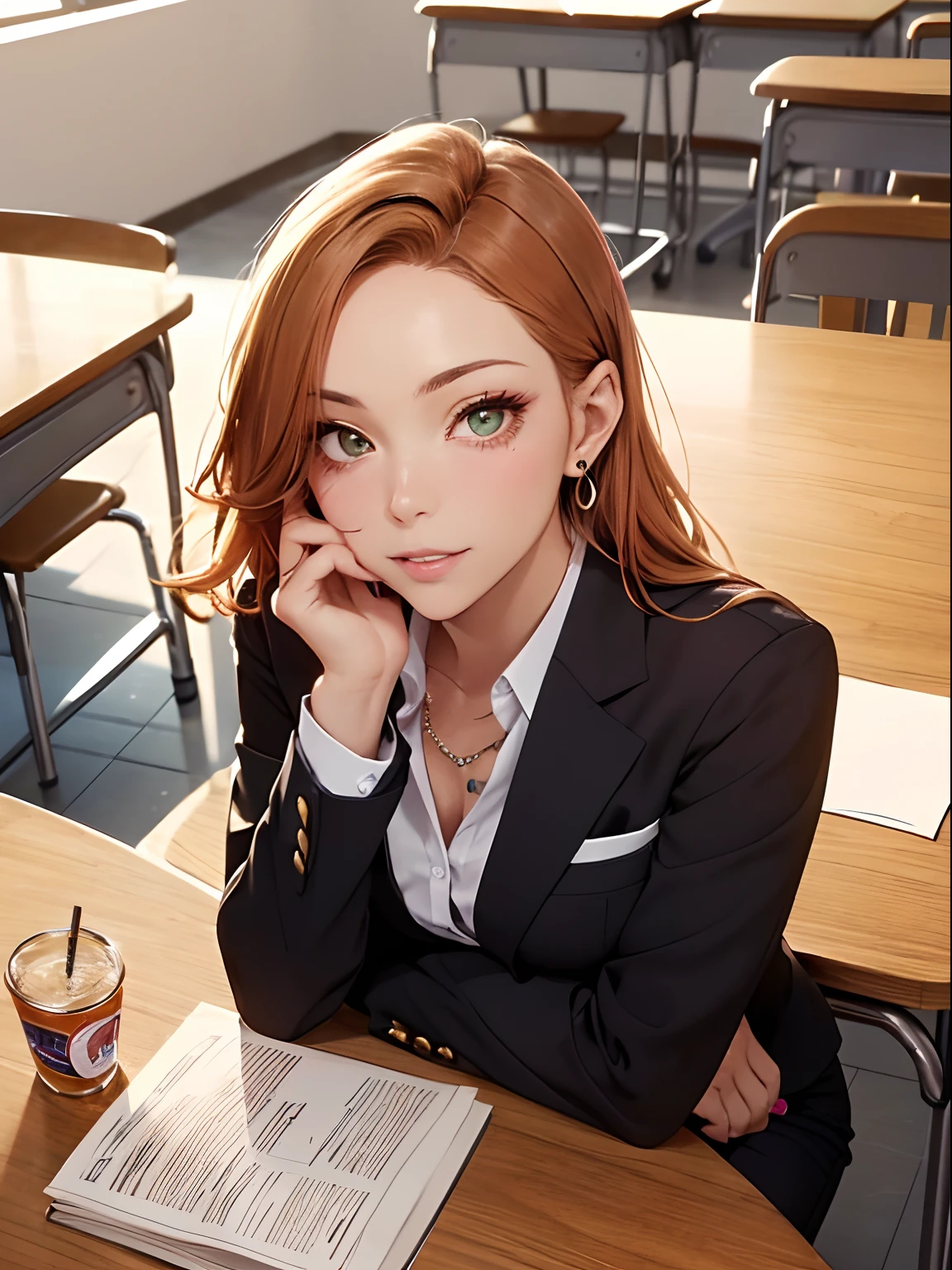 (masutepiece: 1.3), (max resolution: 1.2), (Ultra HDTV: 1.2), cinema lite, Ultra HDTV, (Detailed eyes and skin), (detailed facial features), ultgp, 8K resolution, Sharp Focus: 1.2, Perfect Style, Beautiful Face, accurate, Anatomically correct, Highly detailed face and skin texture, Detailed eyes, light-green eyes, Double eyelids, Thin eyebrows, Glitter Eyeliner: 1.2, Natural cheeks, Glossy skin, Fair skin: 1.2, shiny little necklace and earrings, (Glossy lips: 1.4), break, absurderes, One-person viewpoint, (she is high school Teacher), age22, (Wearing a Button up shirt, formal jackets, pencil skirts, high heels), (Seductive smile: 1.2), (Staring at the viewer), ((a Innocent and cute girl:1.3)), (Layered hairstyle, smooth Hair), (orange hair:1.2), Medium bob Hair, (Full body shot: 1.2), Focus on Face, ((Very intimate relationships: 1.2)), large breasts, ((lying on the table:1.4)), ((In school library)), (From directly above:1.2),