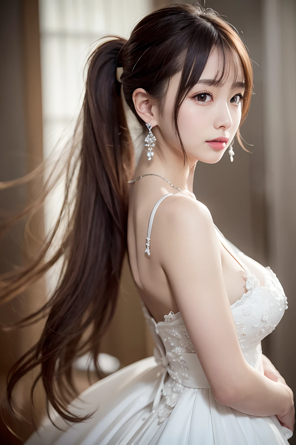 ((addielyn))、Random posture、(extremely delicate and beautiful work)、(​masterpiece)、One girl、Highly Detailed Elegant Wedding Dresses、tiarra、A highly detailed、Warped ponytail、A charming expression、Beautiful and clear eyes、Green pupil、delicate necklaces、Delicate earrings、Simple blurry background、Description of extreme details、Beautiful fece、A charming、Ultra-fine painting、delicated face、Delicate figure、large full breasts、thin clavicle、Beautiful lips、Soft back view、mix4、(8K、Raw photography、top-quality、​masterpiece:1.2), (reallistic, Photorealsitic:1.37),1girl in,Cute,Cityscape, natta, Sateen, Wetty, Professional Lighting, Photon mapping, Radio City, physically-based renderingt, above waist、The most beautiful in the world、乃木坂アイドル、韓国アイドル、hposing Gravure Idol、女優、